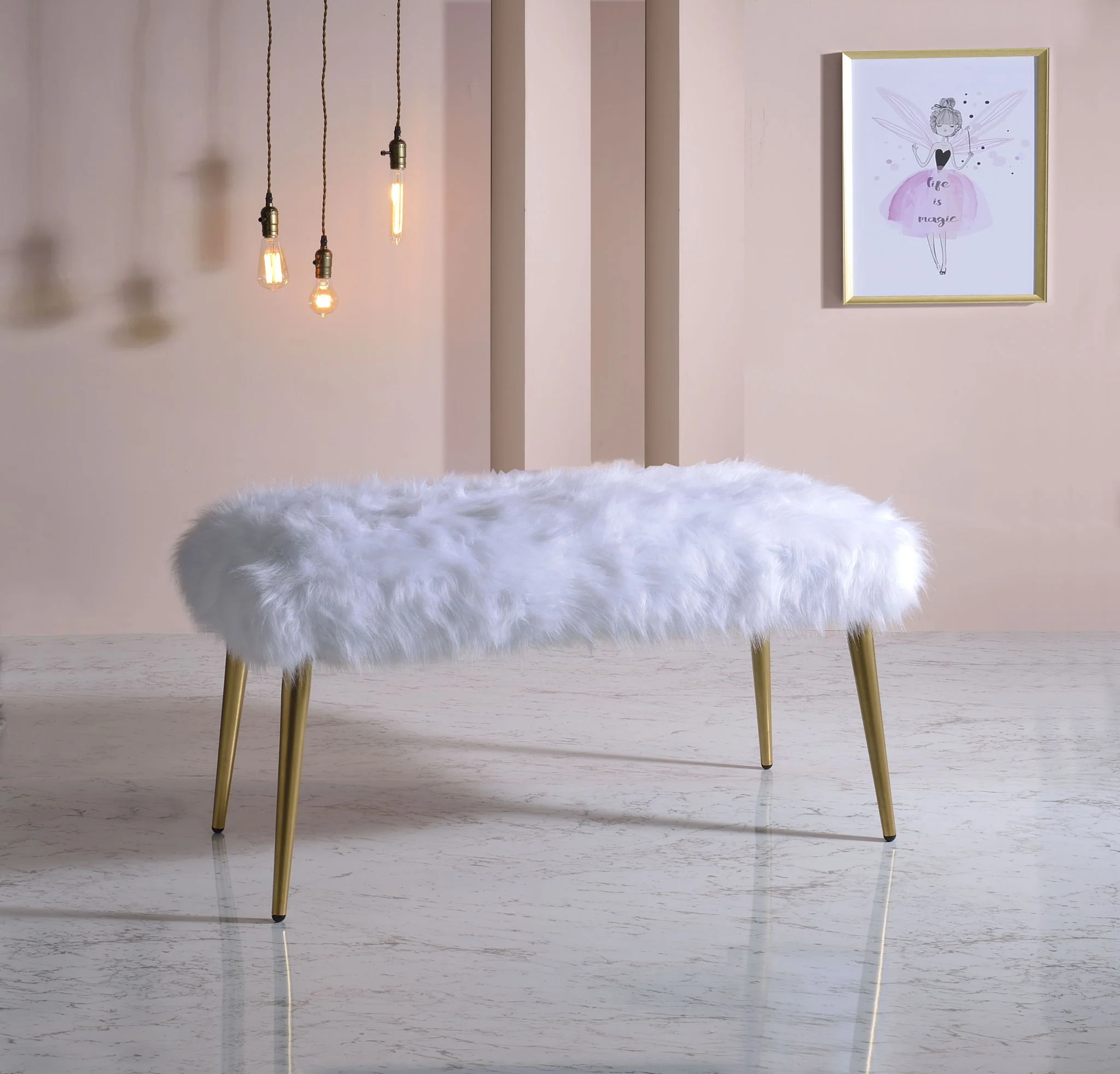 Bagley II - Faux Fur Bench - White / Gold - Image 7