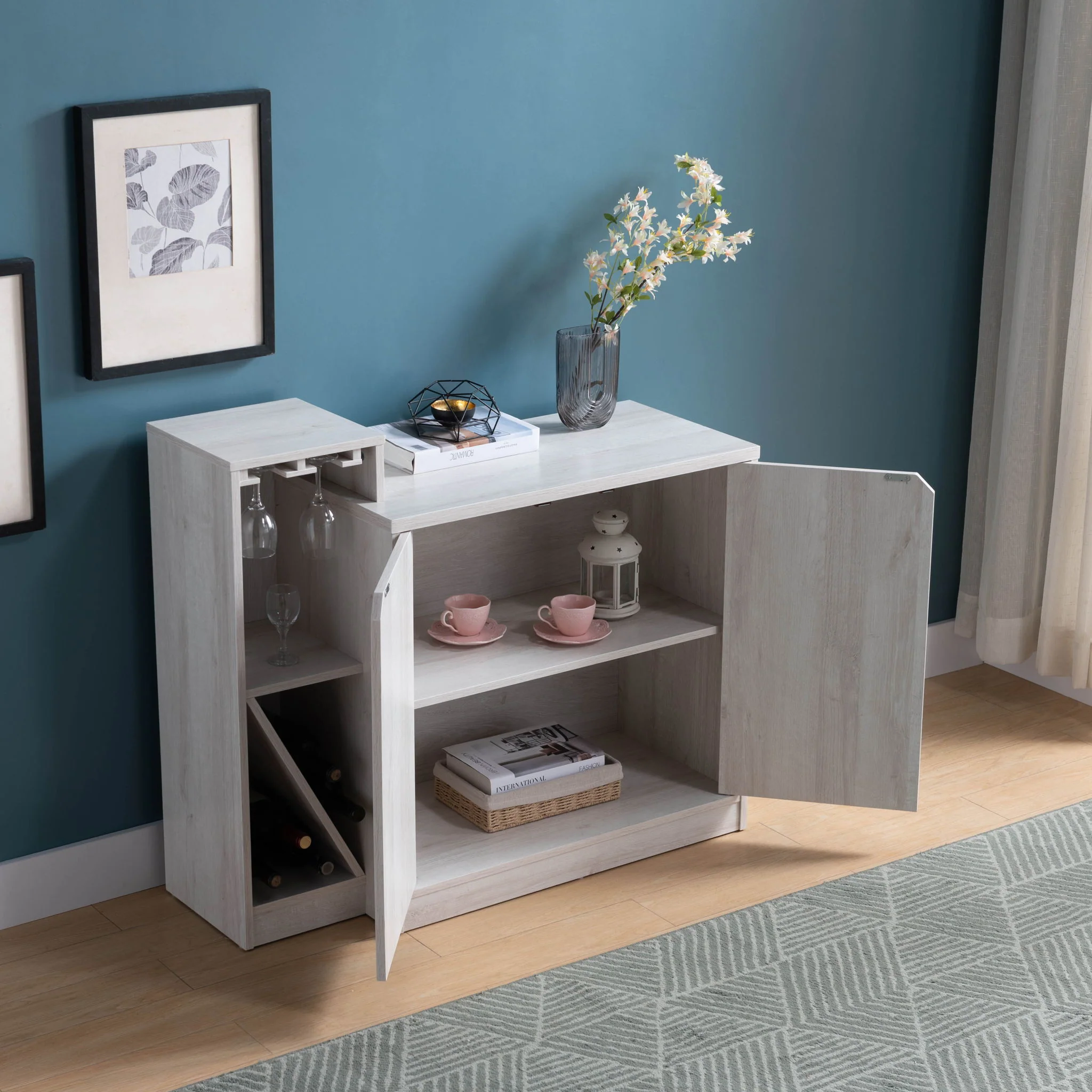 Bar Cabinet, Wine Bottle Storage Display Kitchen Cabinet, Holds 4 Wine Bottles - White Oak - Image 3