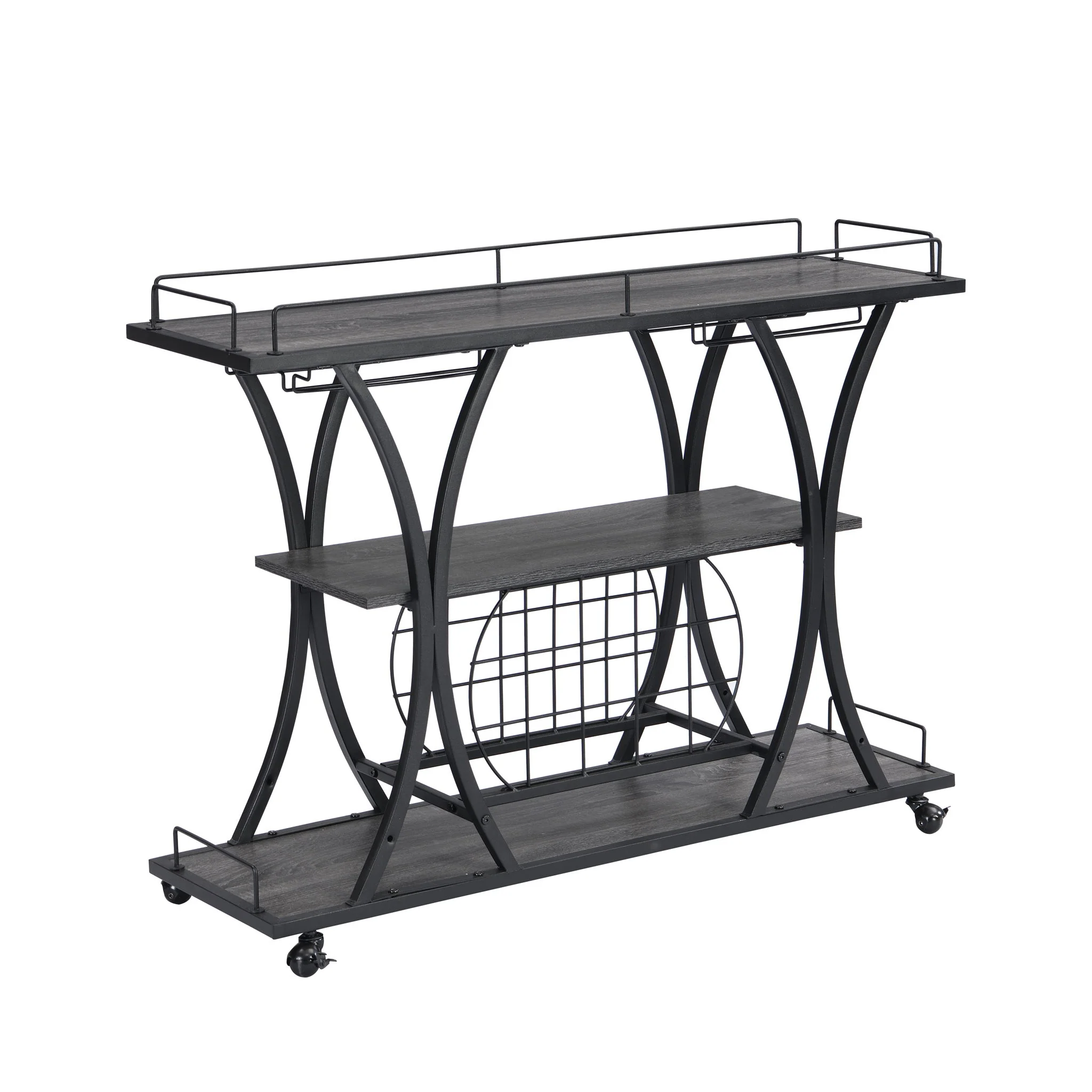Bar Cart Kitchen Bar & Serving Cart For Home With Wheels 3 Tier Storage Shelves - Black / Gray - Image 3