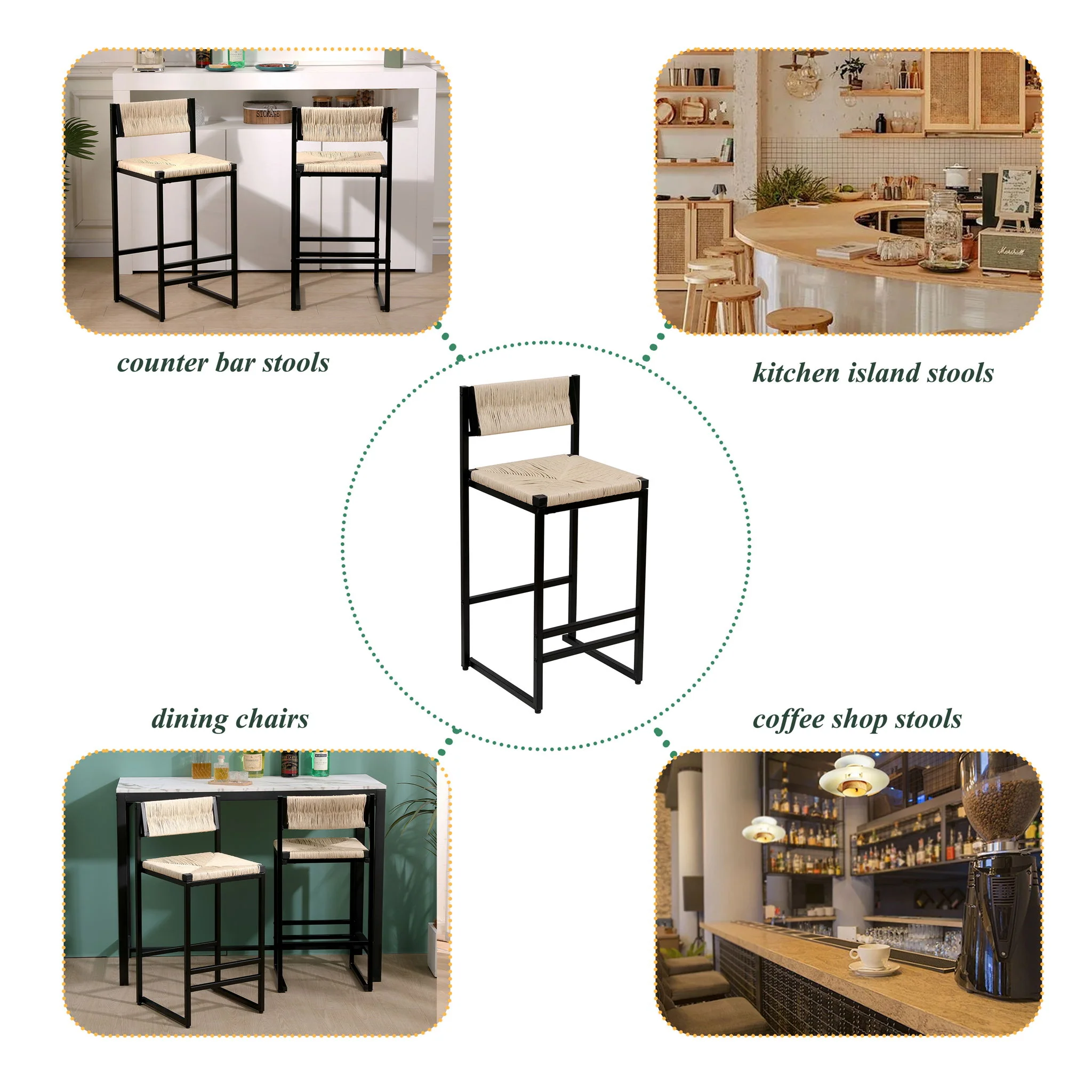 Bar Stools Paper Rope Weave Dining Chairs With Back Hand Weave Stools For Kichen Island, Bar & Counter (Set of 2) - Image 16