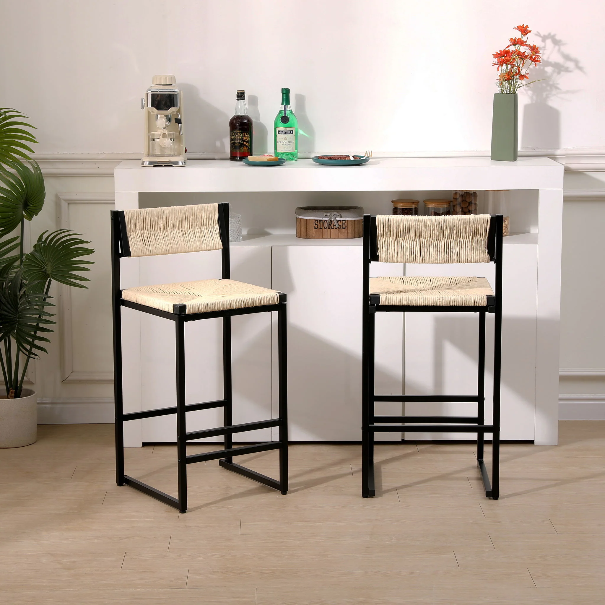 Bar Stools Paper Rope Weave Dining Chairs With Back Hand Weave Stools For Kichen Island, Bar & Counter (Set of 2) - Image 27