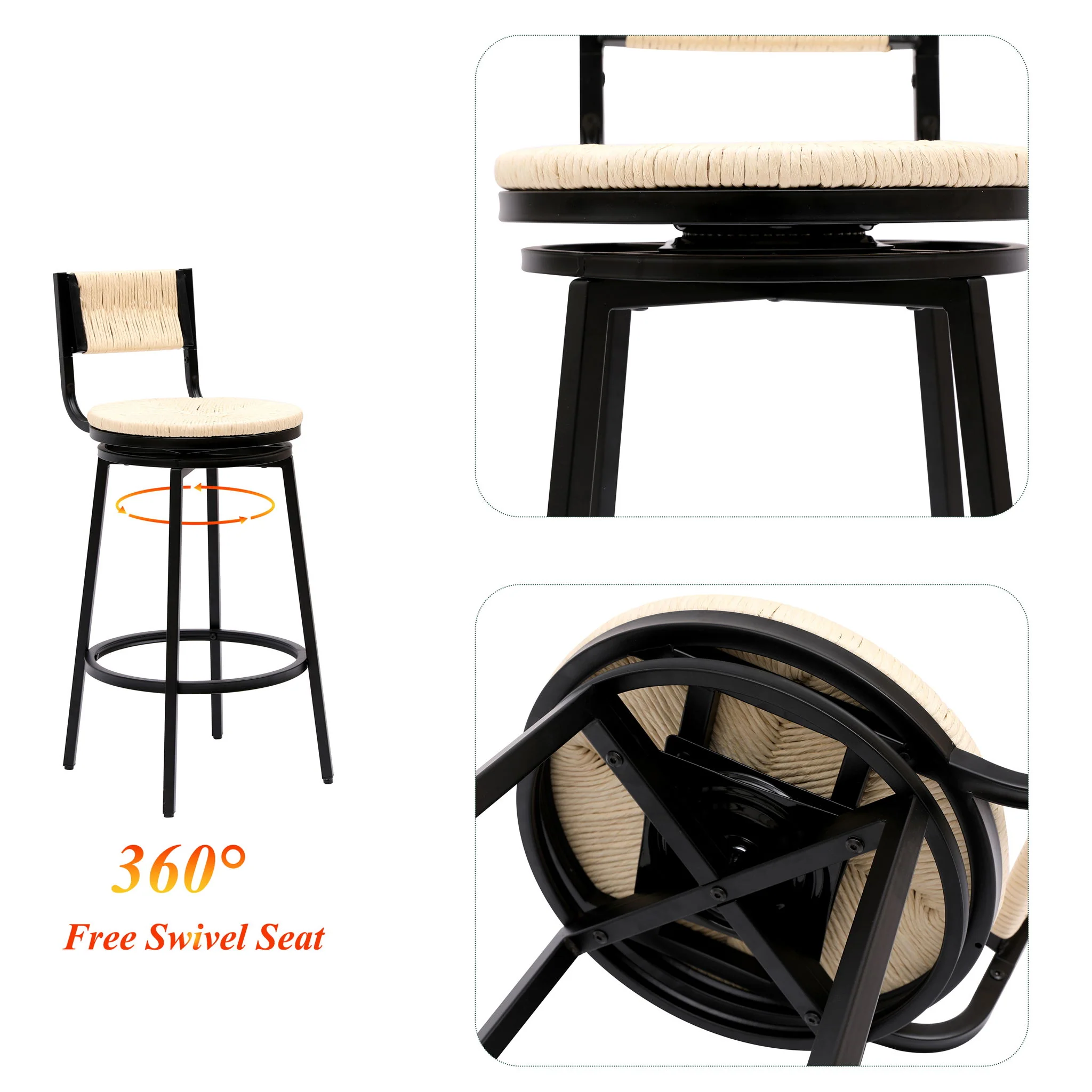 Bar Stools Swivel Counter Chairs With Metal Frame Hand Woven Paper Rope Dining Barstools For Kitchen Counter (Set of 2) - Image 8