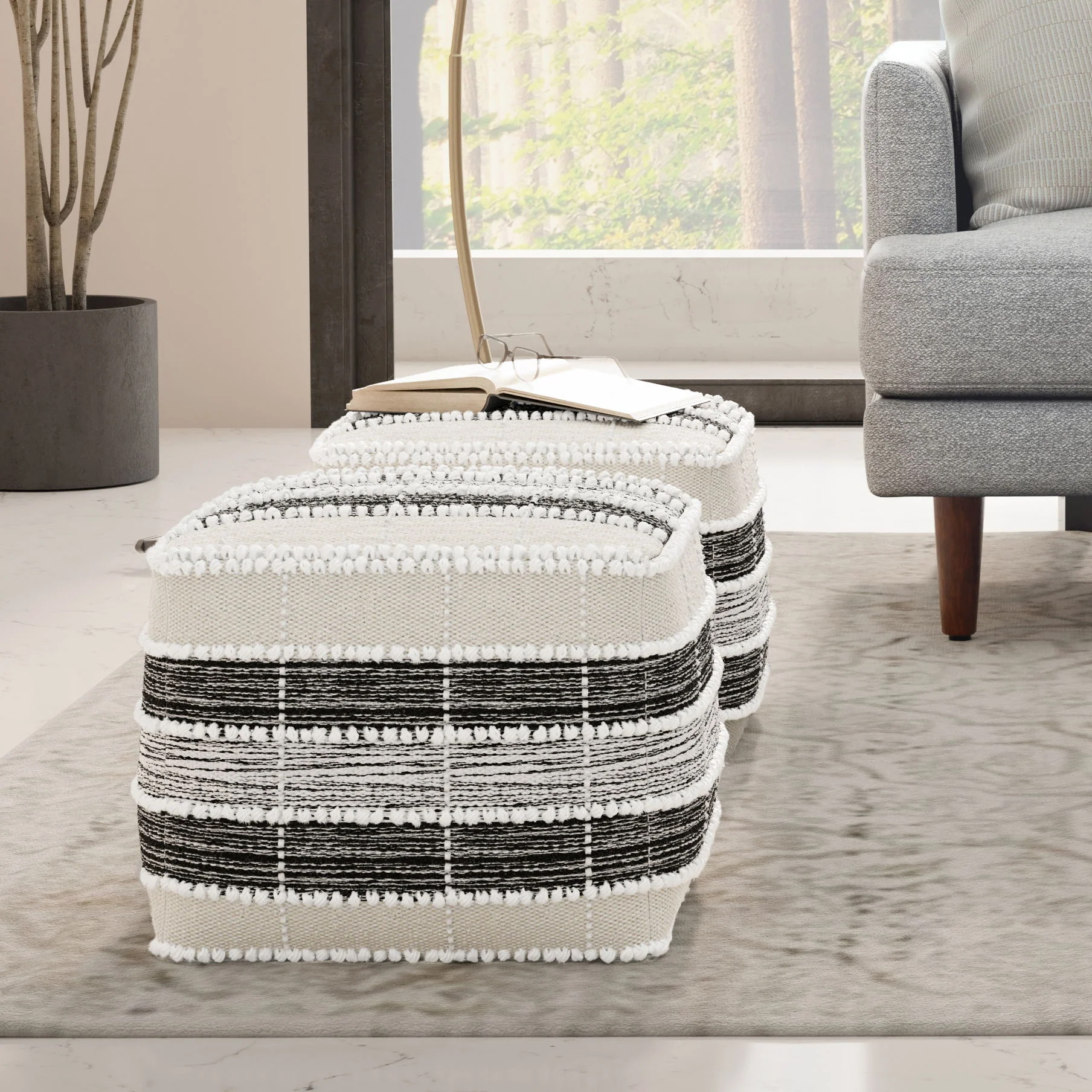 Barley - Square Pouf - White / Beige / Black - Image 2