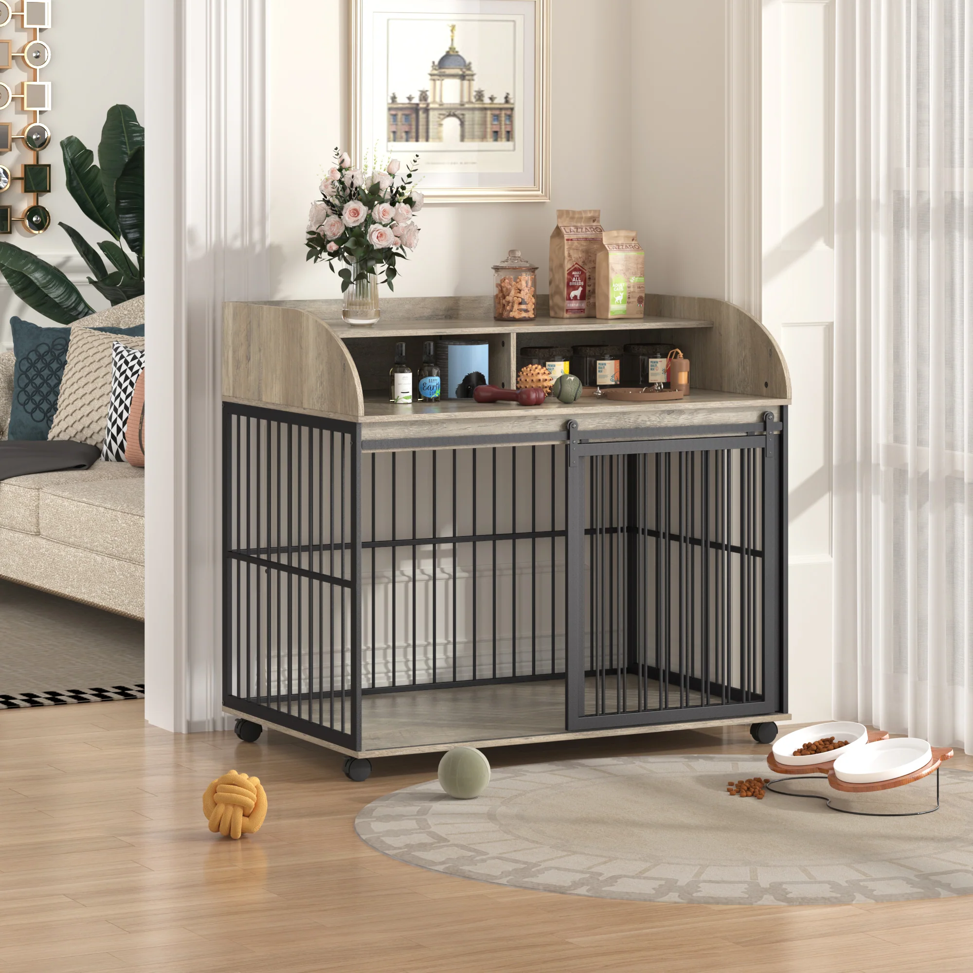 Barrett 44-Inch Furniture Dog Crate with Sliding Barn Door and Double Layer Storage - Image 15