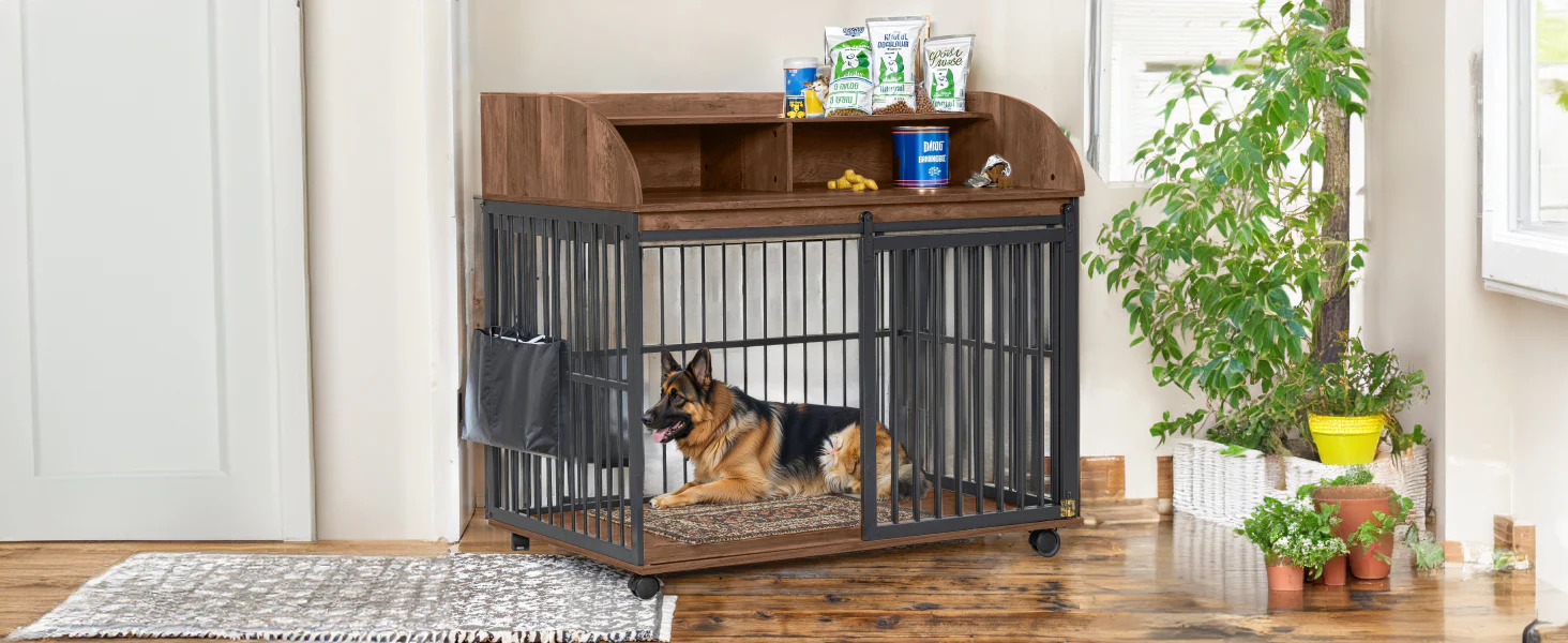 Barrett 44-Inch Furniture Dog Crate with Sliding Barn Door and Double Layer Storage - Image 5