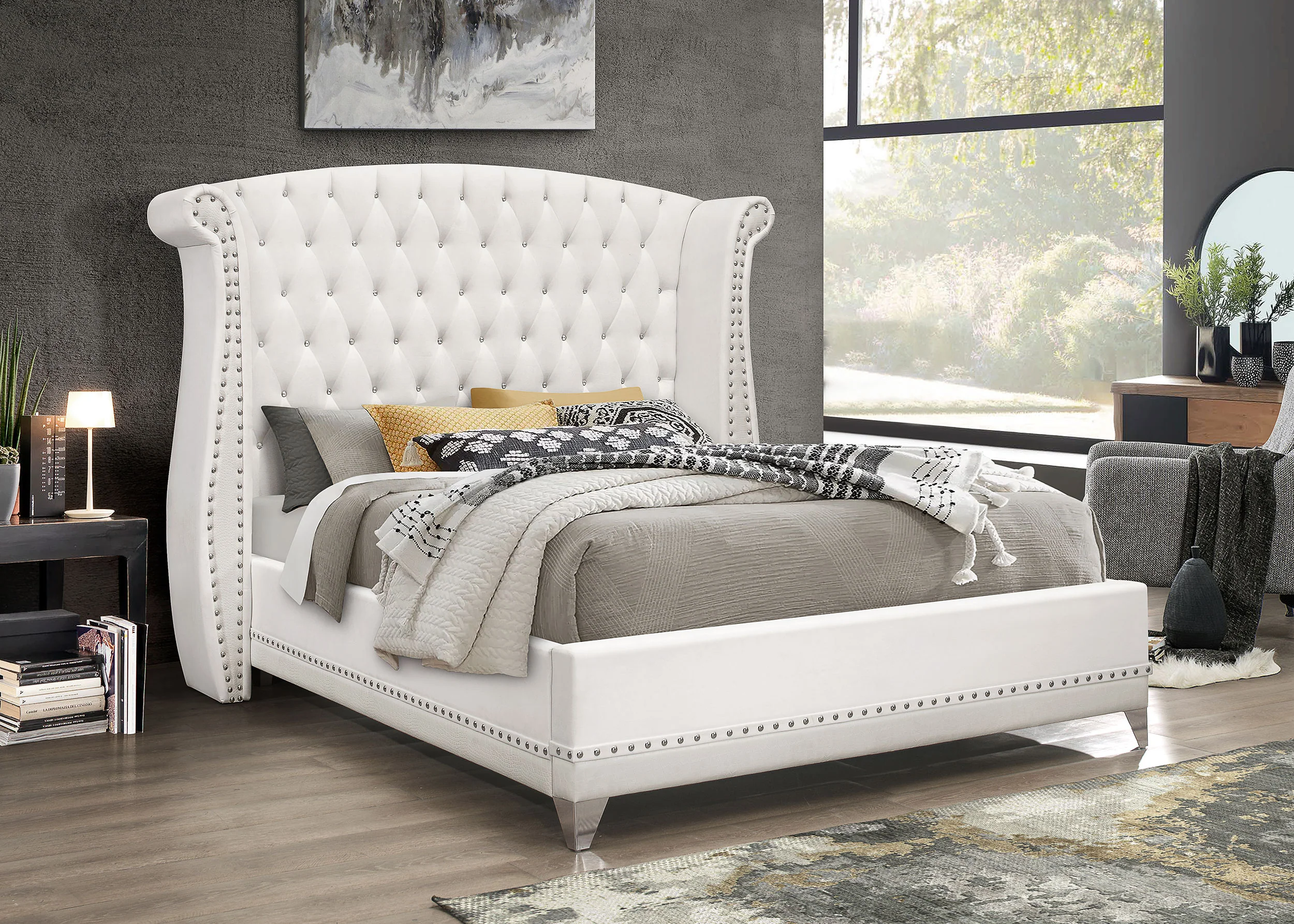 Barzini Upholstered Eastern King Wingback Bed in White - Image 3