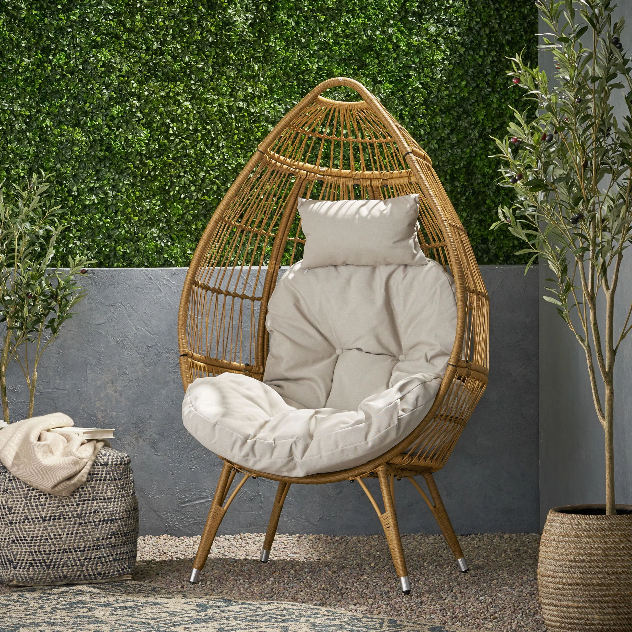 Basket Chair With Teardrop Shape And Water Resistant Cushion - Natural - Image 8