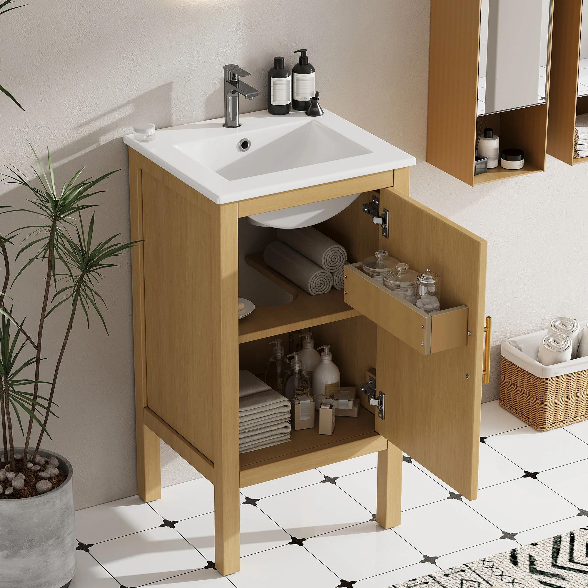 Bathroom Cabinet With Sink, Adjustable Shelf, Soft Closing Hinges - Natural Wood - Image 5