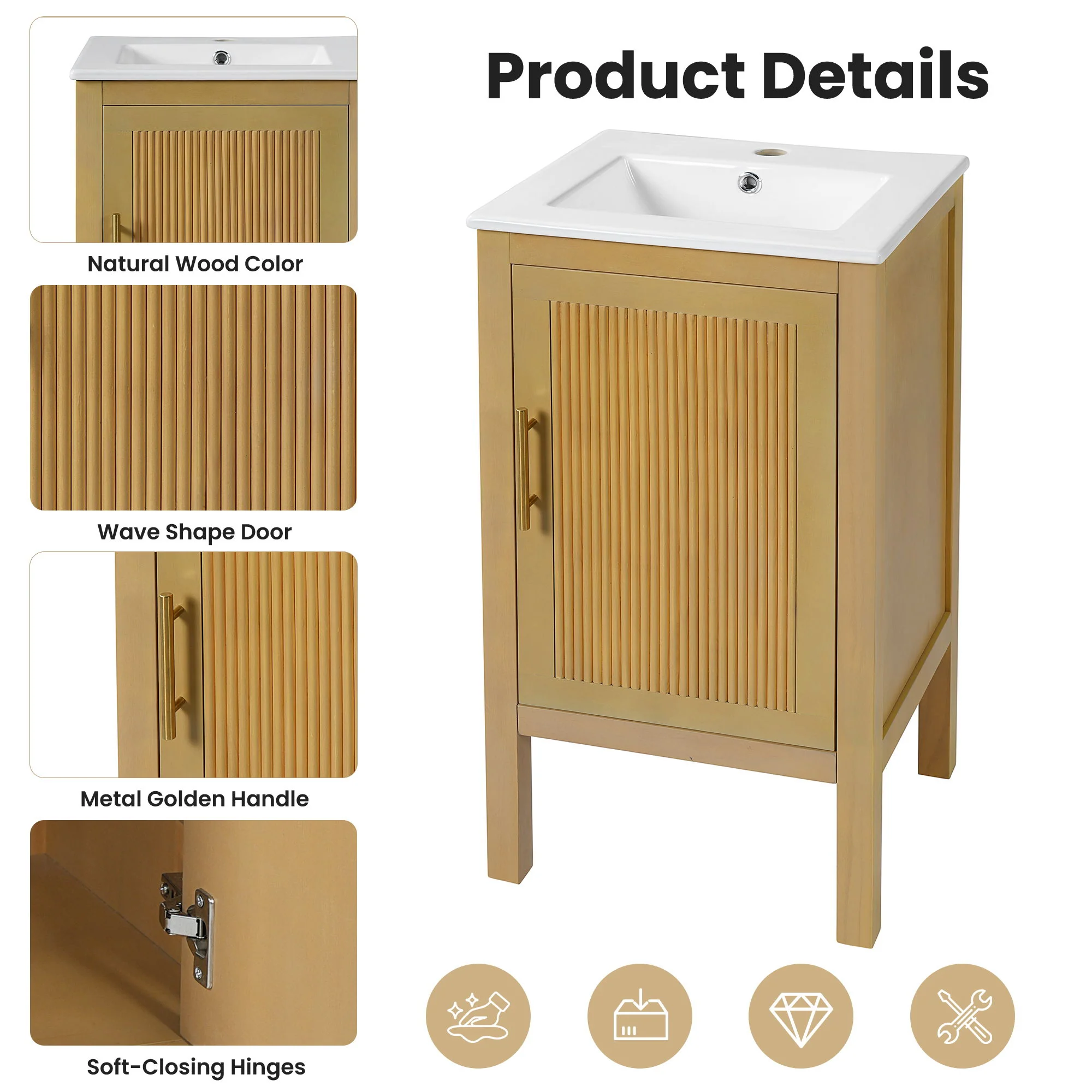 Bathroom Cabinet With Sink, Adjustable Shelf, Soft Closing Hinges - Natural Wood - Image 6