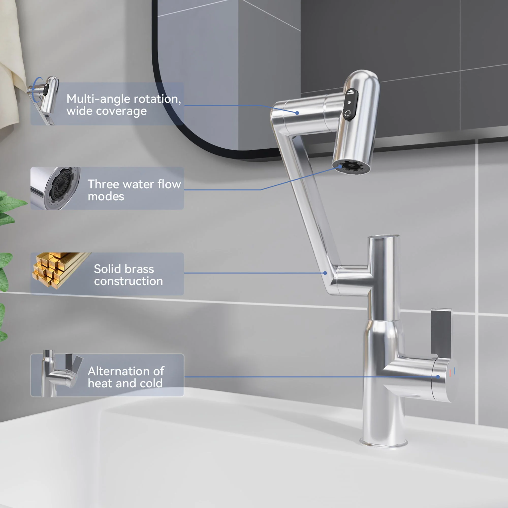 Bathroom Sink Faucet With Spray Function And Temperature Display, Anti Skid Switch, 360 Degree Rotary - Image 9