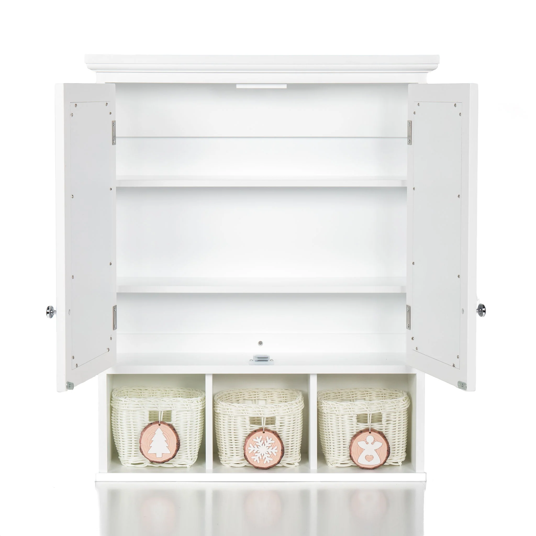 Bathroom Storage Cabinet, Medicine Cabinets For Bathroom With Mirror, 2 Doors 2 Adjustable Shelf & 3 Christmas Style Storage Basket - White - Image 3