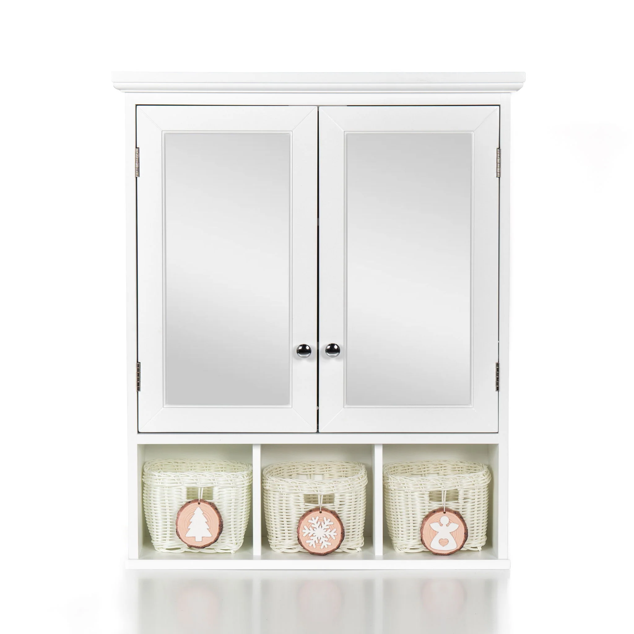 Bathroom Storage Cabinet, Medicine Cabinets For Bathroom With Mirror, 2 Doors 2 Adjustable Shelf & 3 Christmas Style Storage Basket - White - Image 4