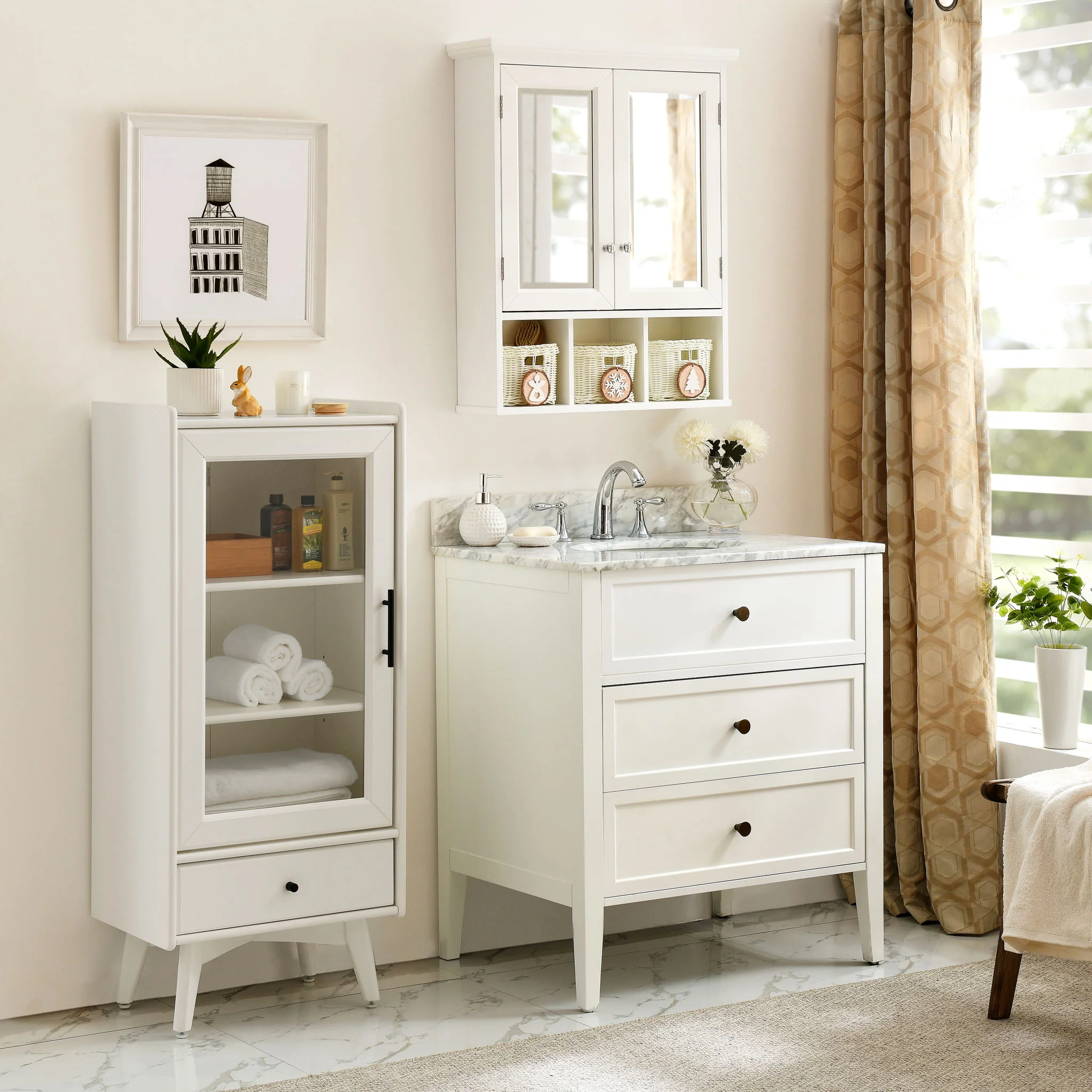 Bathroom Storage Cabinet, Medicine Cabinets For Bathroom With Mirror, 2 Doors 2 Adjustable Shelf & 3 Christmas Style Storage Basket - White - Image 5