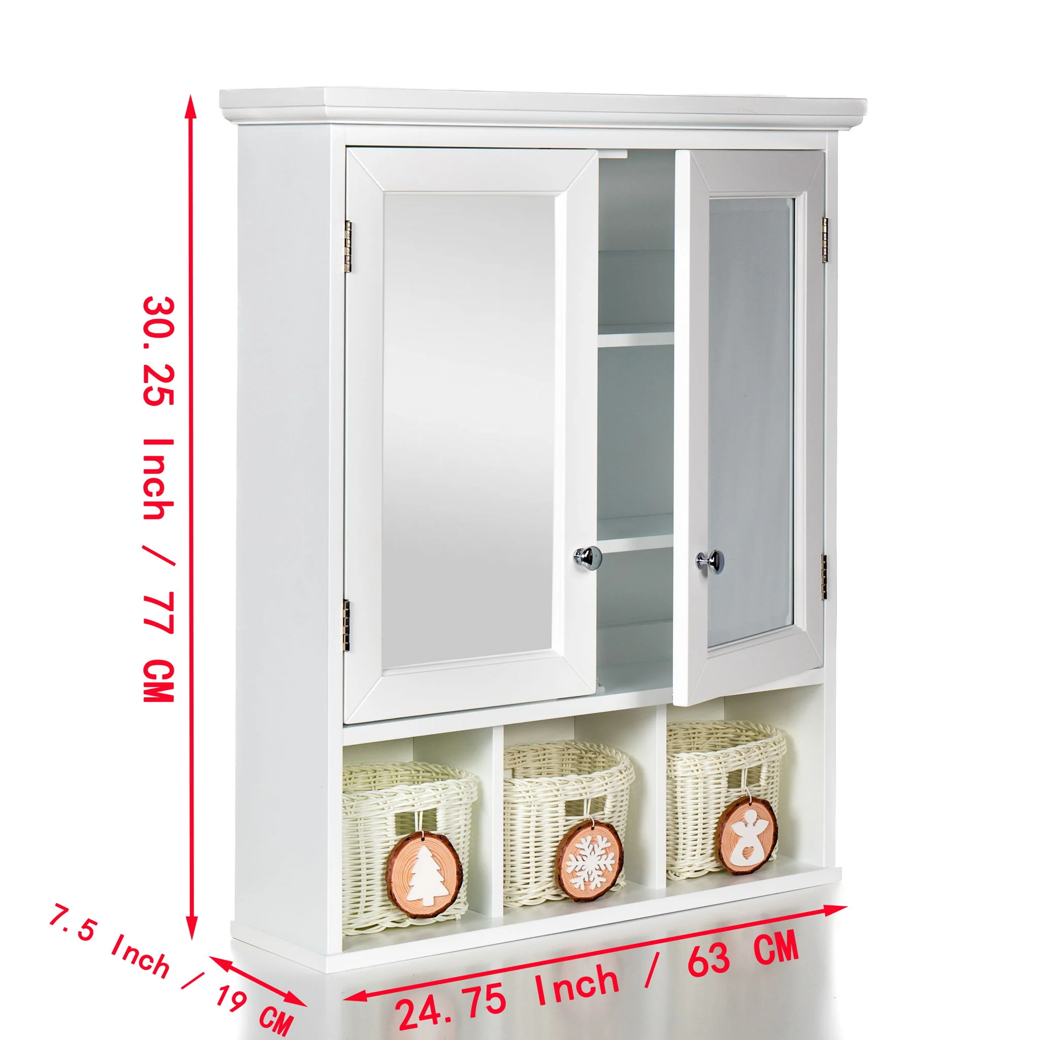 Bathroom Storage Cabinet, Medicine Cabinets For Bathroom With Mirror, 2 Doors 2 Adjustable Shelf & 3 Christmas Style Storage Basket - White - Image 8