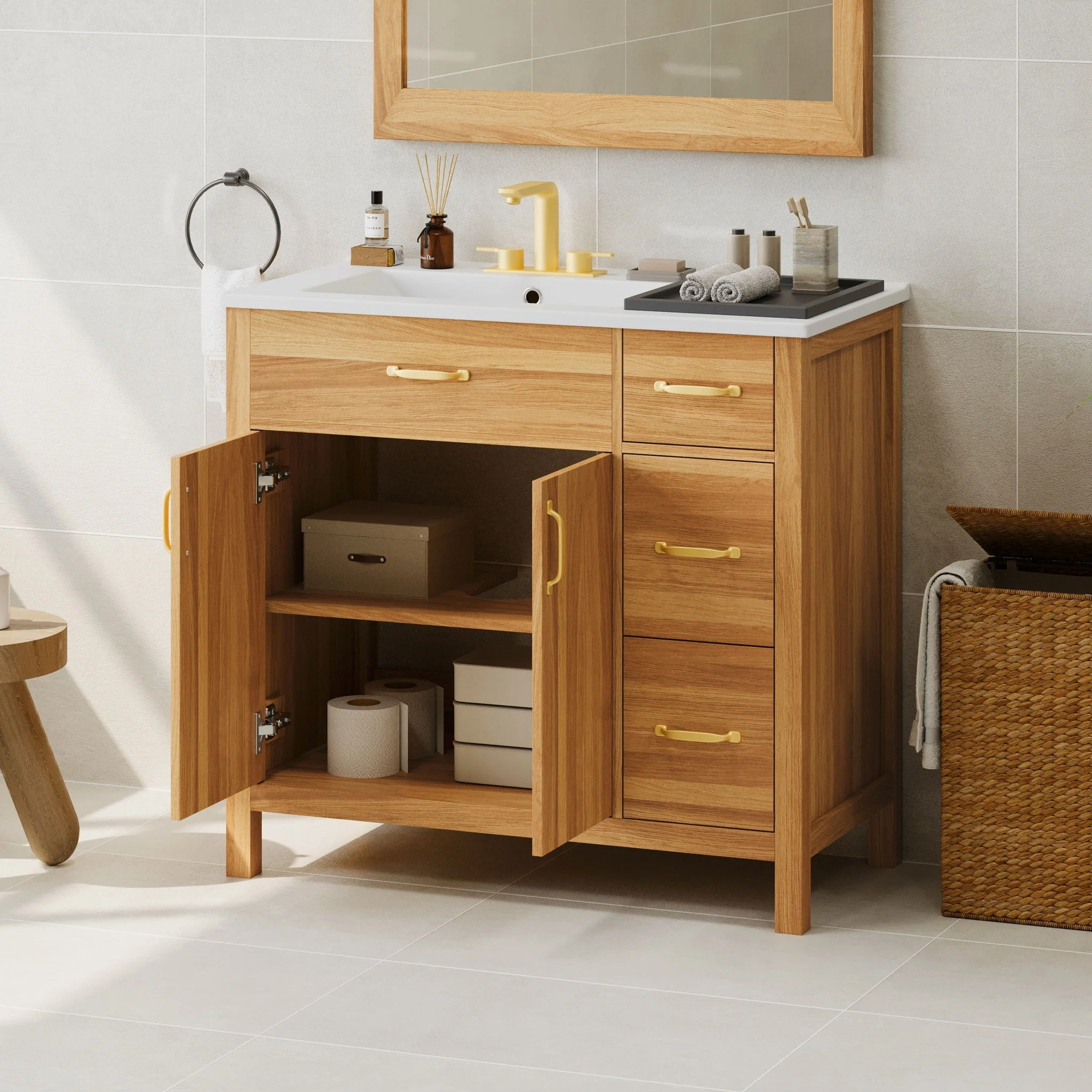 Bathroom Vanity, 2 Soft Close Doors, 3 Soft Close Drawers, Adjustable Shelf - Wood - Image 9