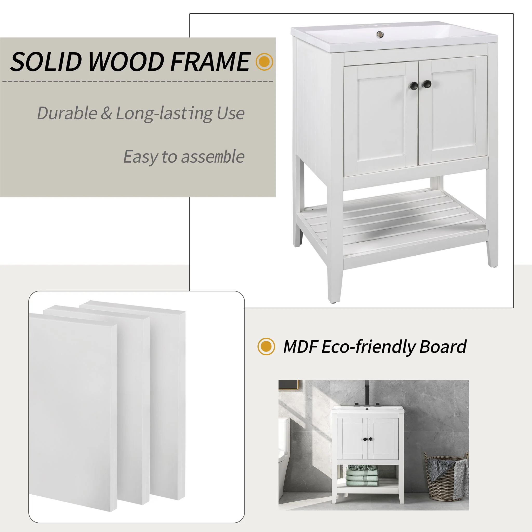 Bathroom Vanity Base Only, Soild Wood Frame, Bathroom Storage Cabinet With Doors And Open Shelf - Image 6