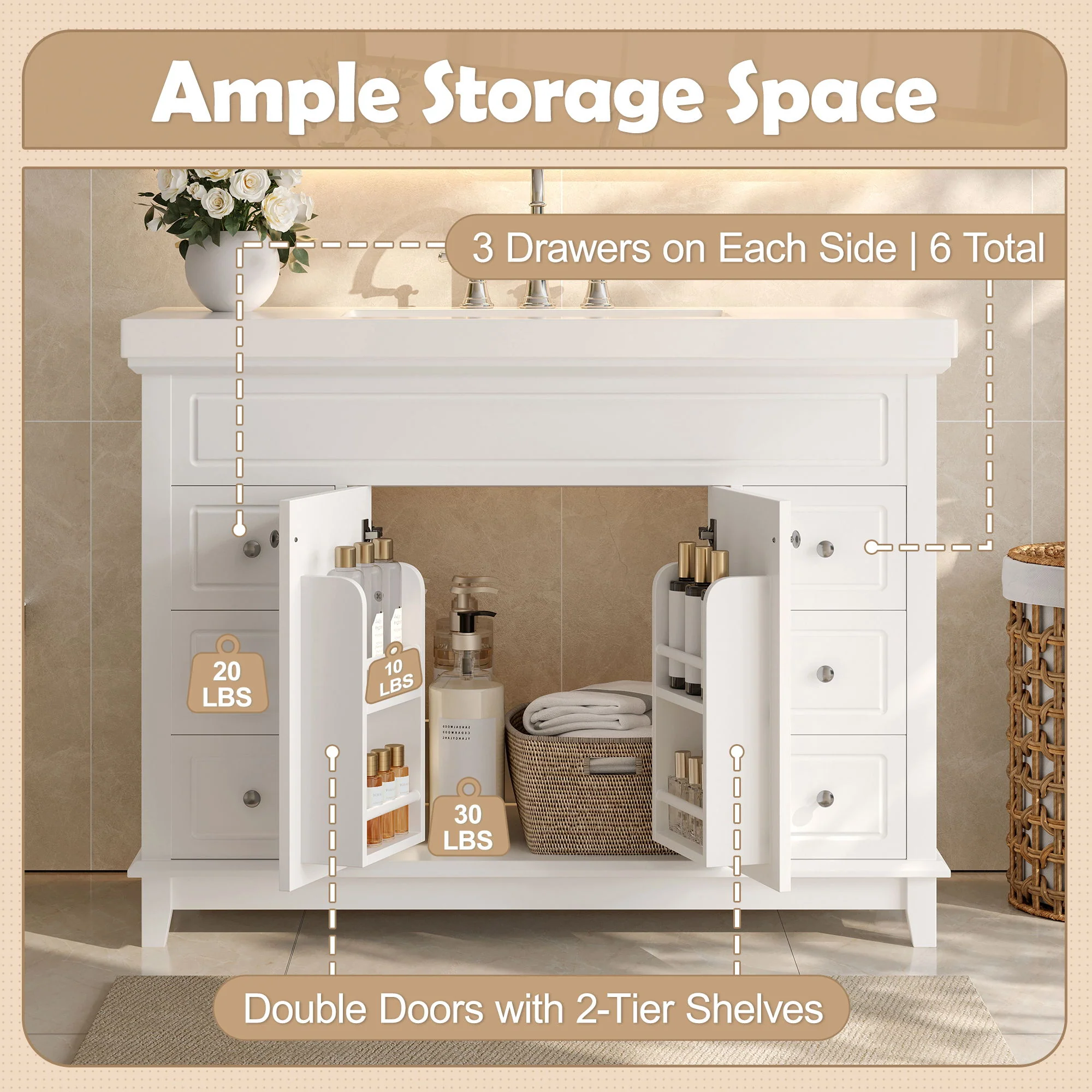 Bathroom Vanity Cabinet Only, 6 Soft Close Drawers & Double Doors With 2 Tier Shelves - White - Image 2