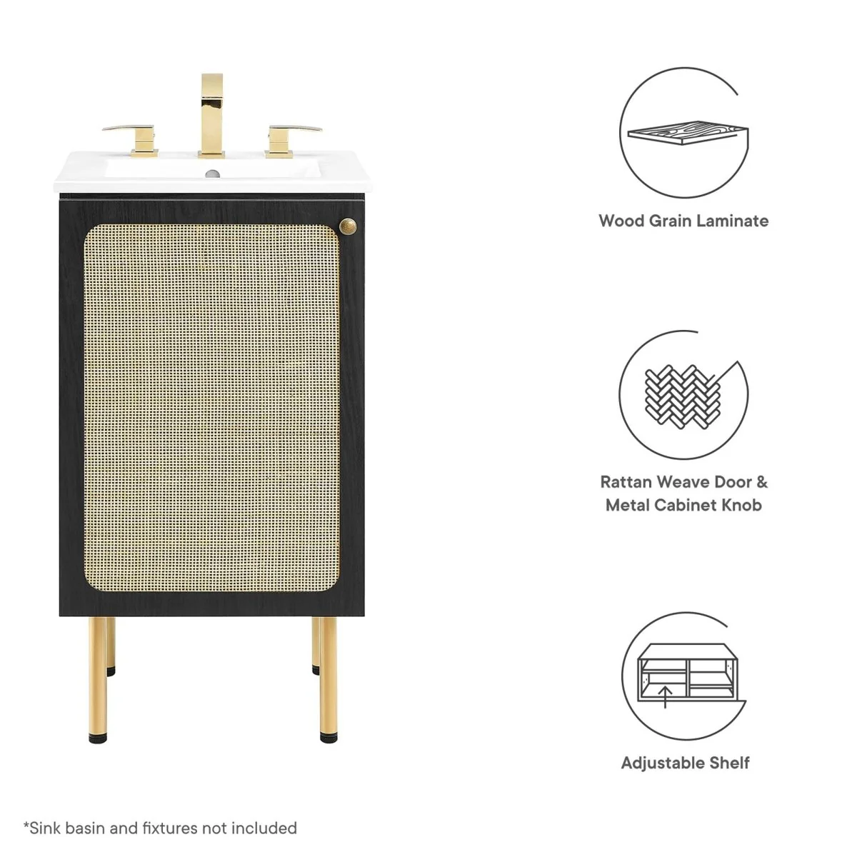Bathroom Vanity Cabinet with Rattan Doors – Sink Basin Not Included, Various Sizes - Image 2