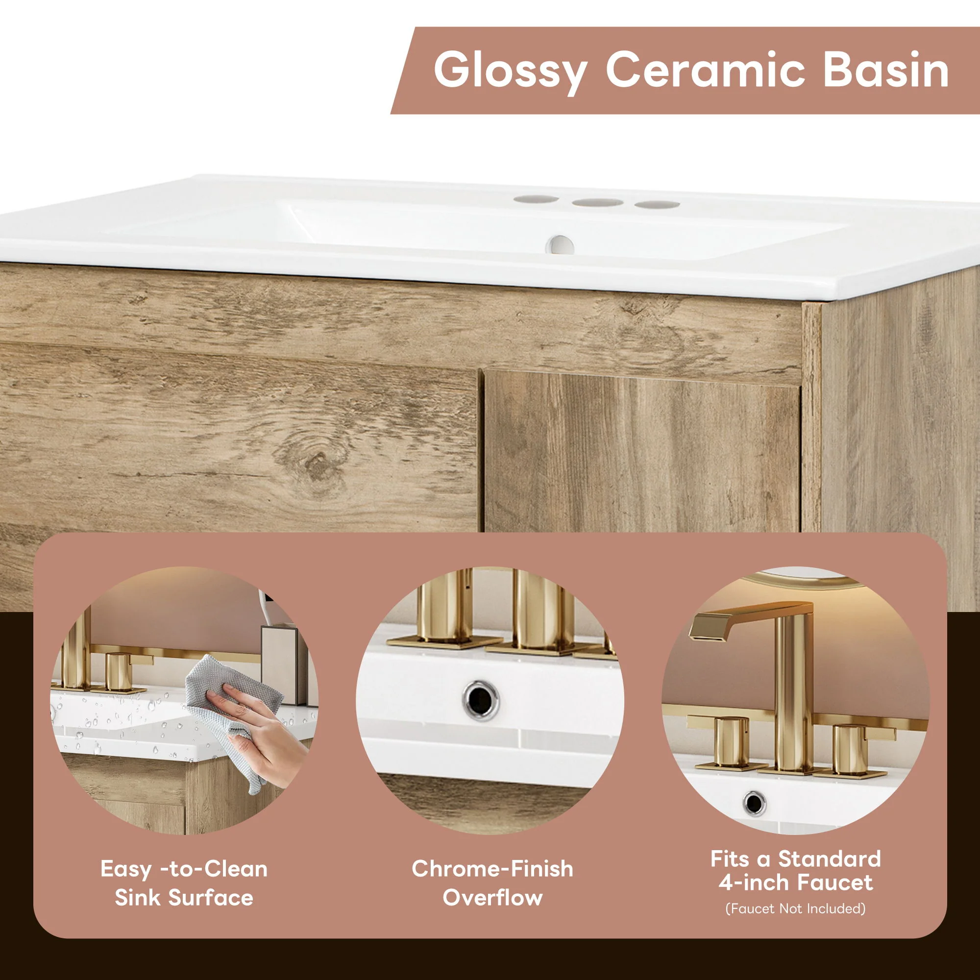 Bathroom Vanity Cabinet With Sink, Sliding Drawer, Soft Closing Door, Open Shelf - Natural Wood - Image 3