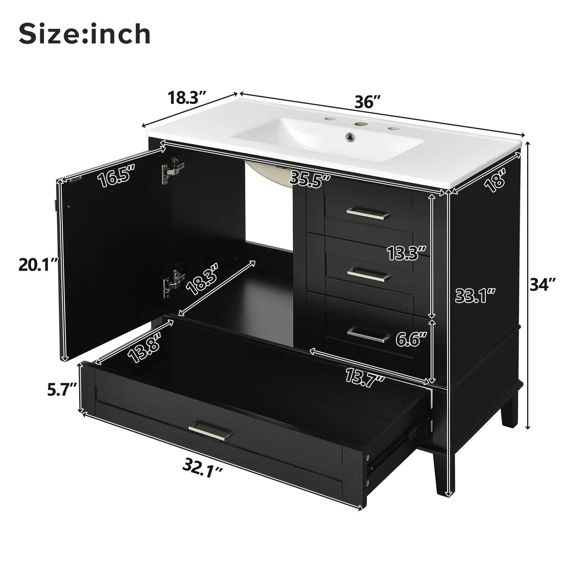 Bathroom Vanity, Modern Bathroom Cabinet With Sink Combo Set, Bathroom Storage Cabinet With A Soft Closing Door And 3 Drawers, Solid Wood Frame - Image 52