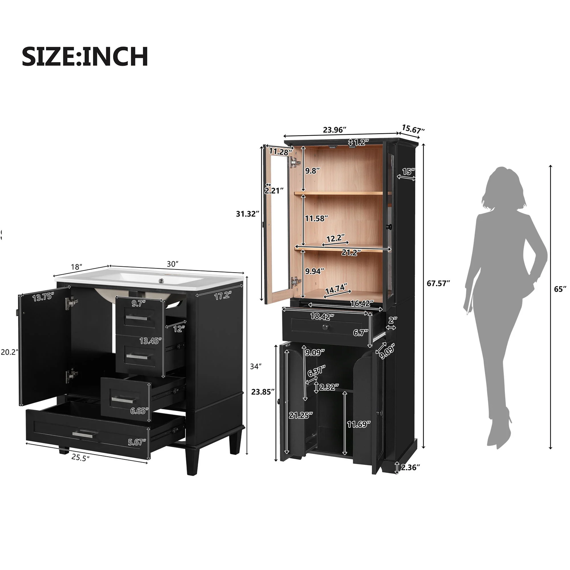 Bathroom Vanity & Tall Storage Cabinet Set With Doors, Adjustable Shelves, Soft Close Hinges, Sink - Image 12