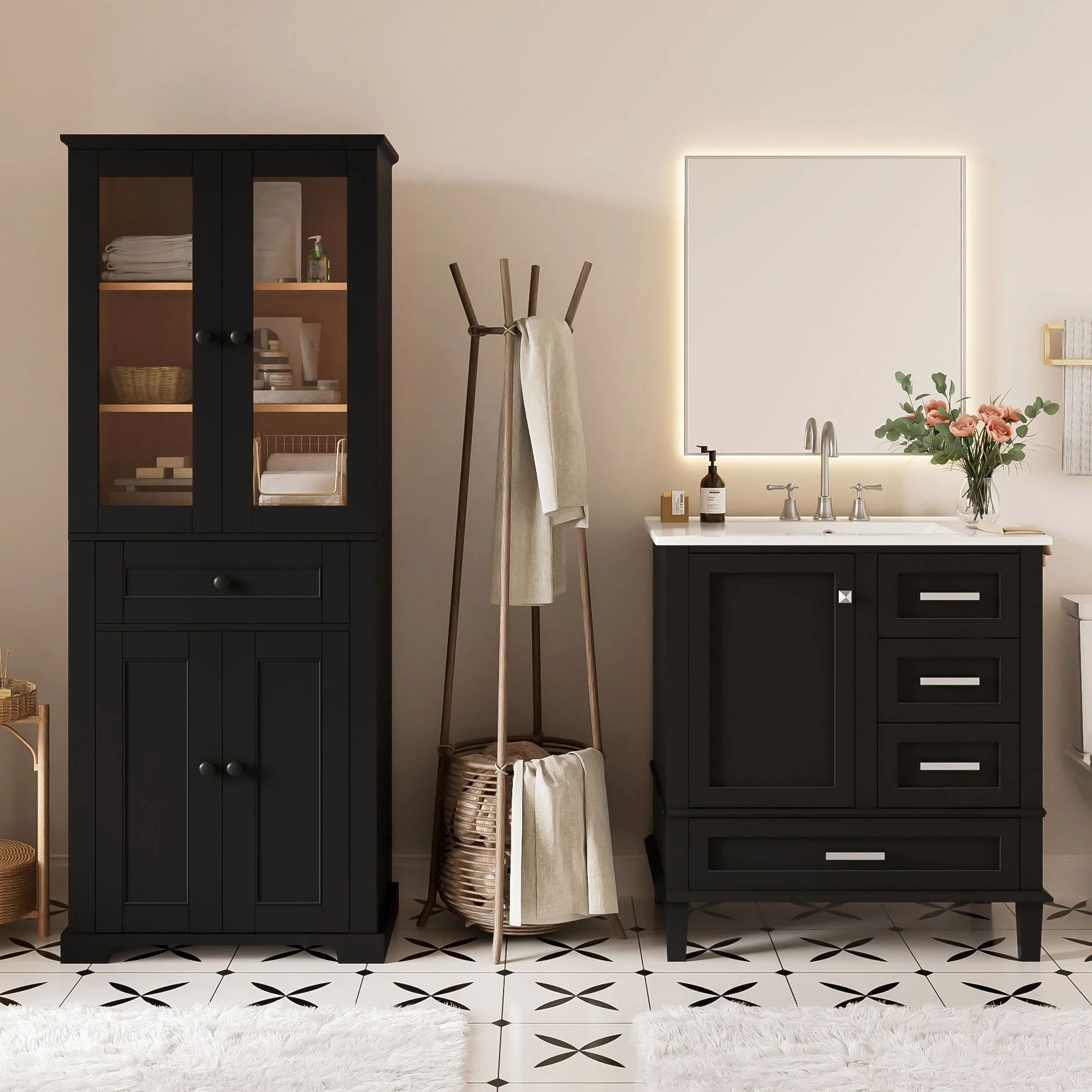 Bathroom Vanity & Tall Storage Cabinet Set With Doors, Adjustable Shelves, Soft Close Hinges, Sink - Image 14