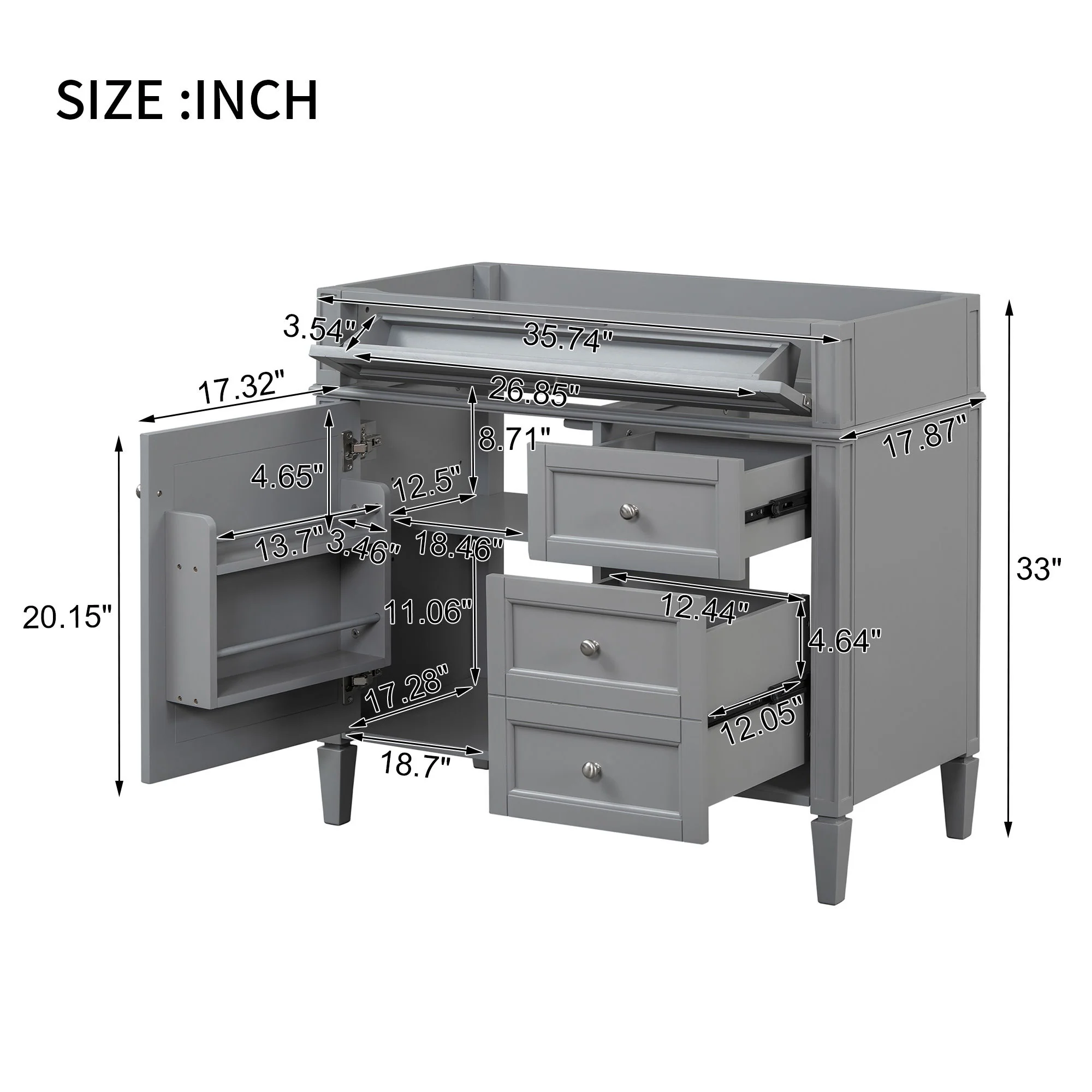Bathroom Vanity With 2 Drawers And Tip-Out Drawer, Storage Cabinet - Image 33