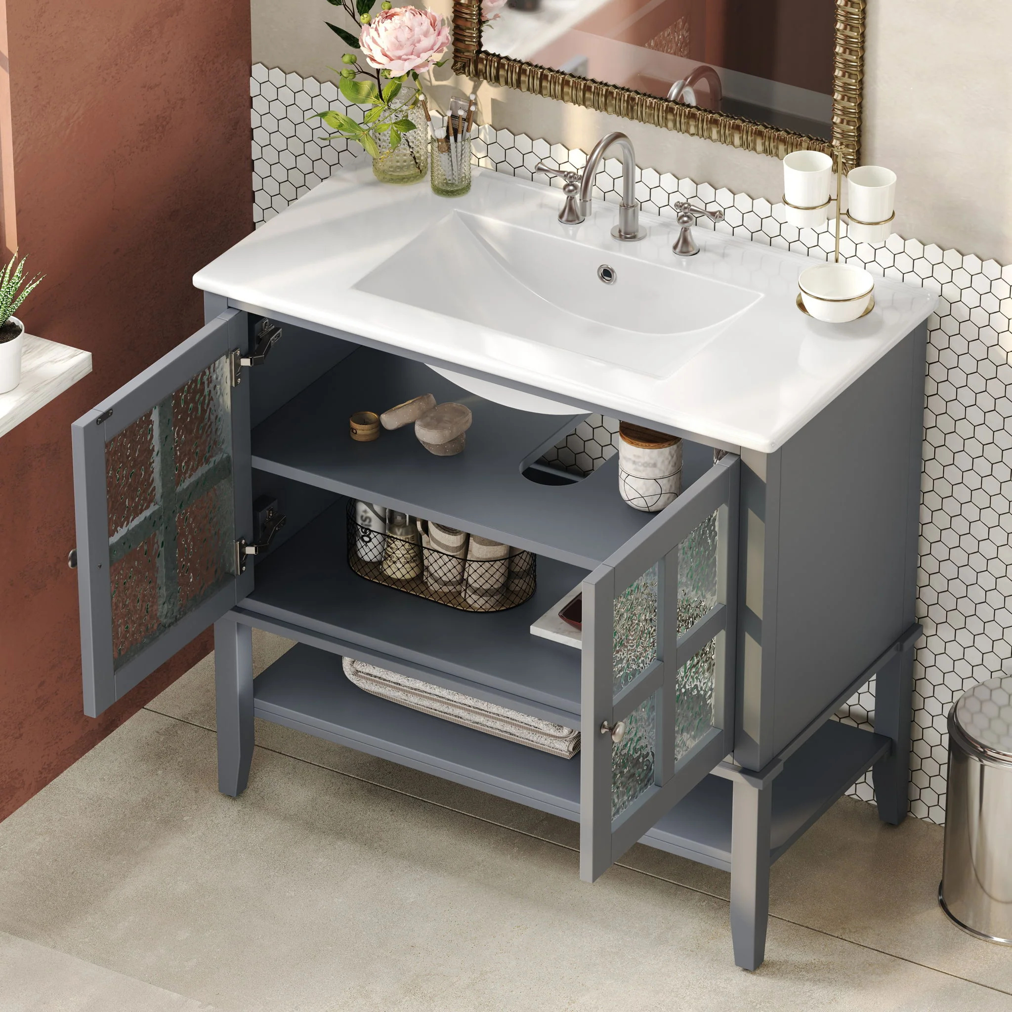 Bathroom Vanity With Ceramic Sink, Adjustable & Open Shelf - Image 6