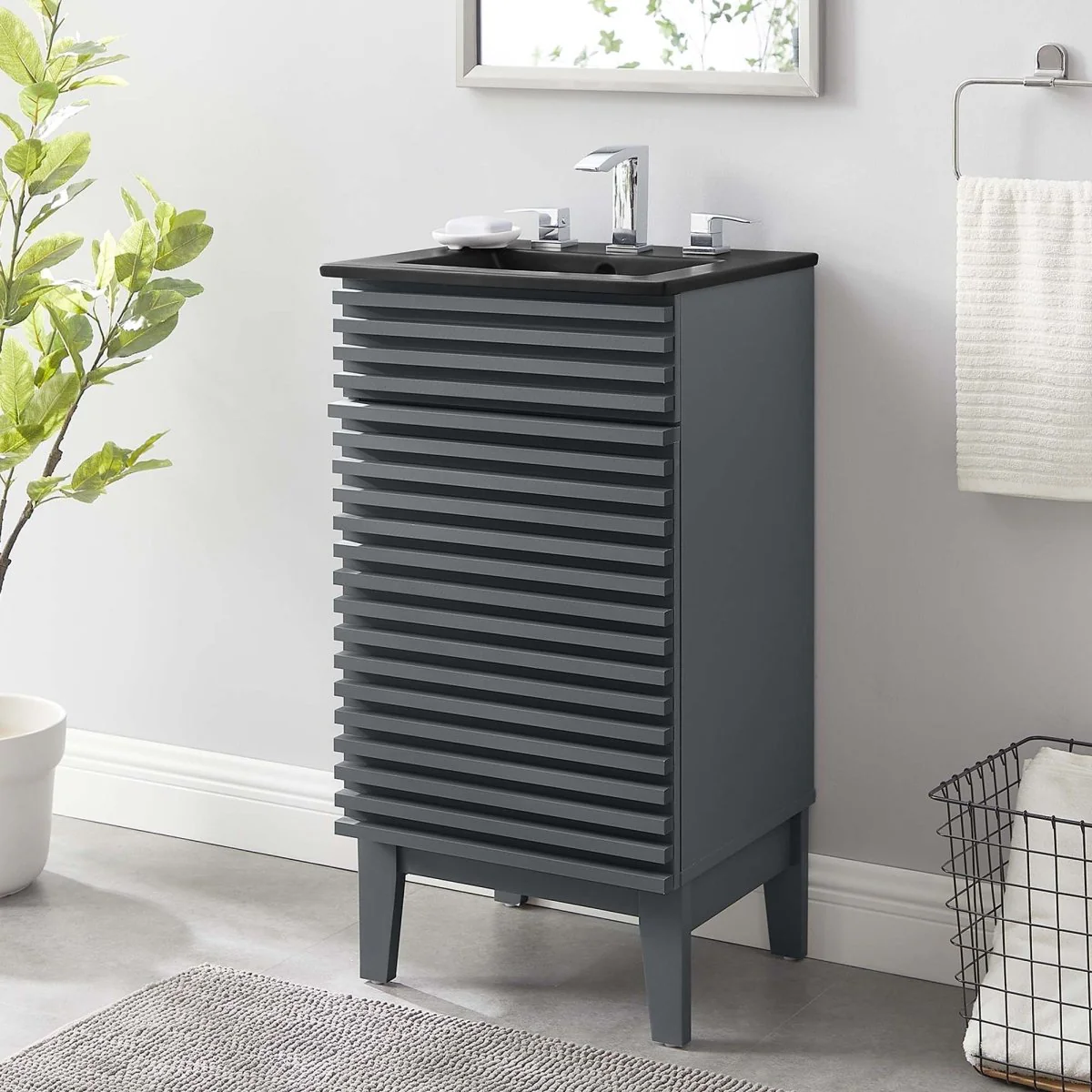 Bathroom Vanity with Ceramic Sink and Storage Shelf, Modern Wood and Black Design - Image 12