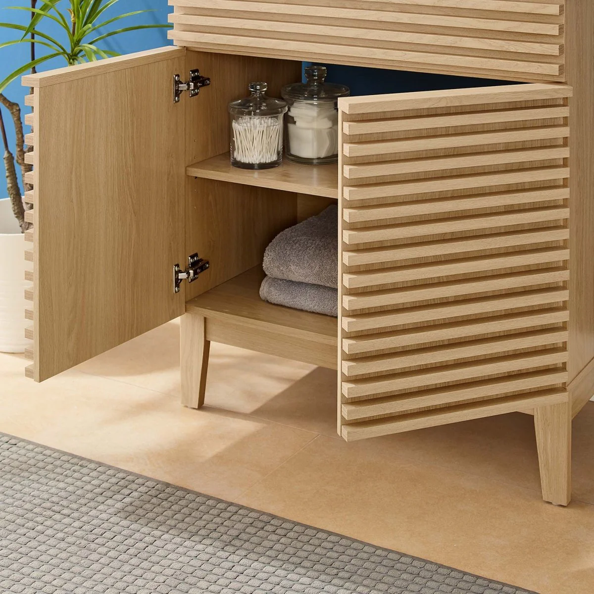 Bathroom Vanity with Ceramic Sink and Storage Shelf, Modern Wood and Black Design - Image 125
