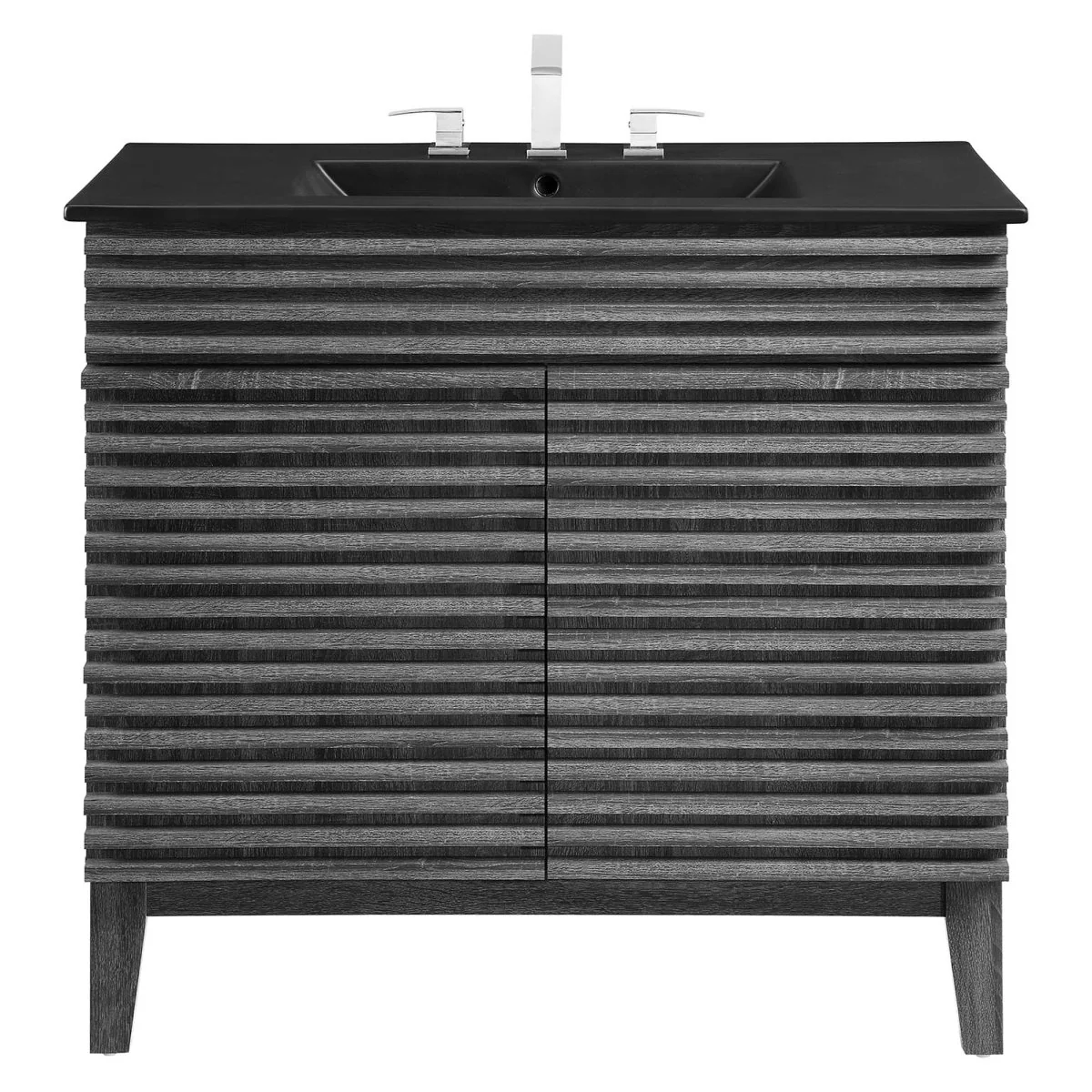 Bathroom Vanity with Ceramic Sink and Storage Shelf, Modern Wood and Black Design - Image 154