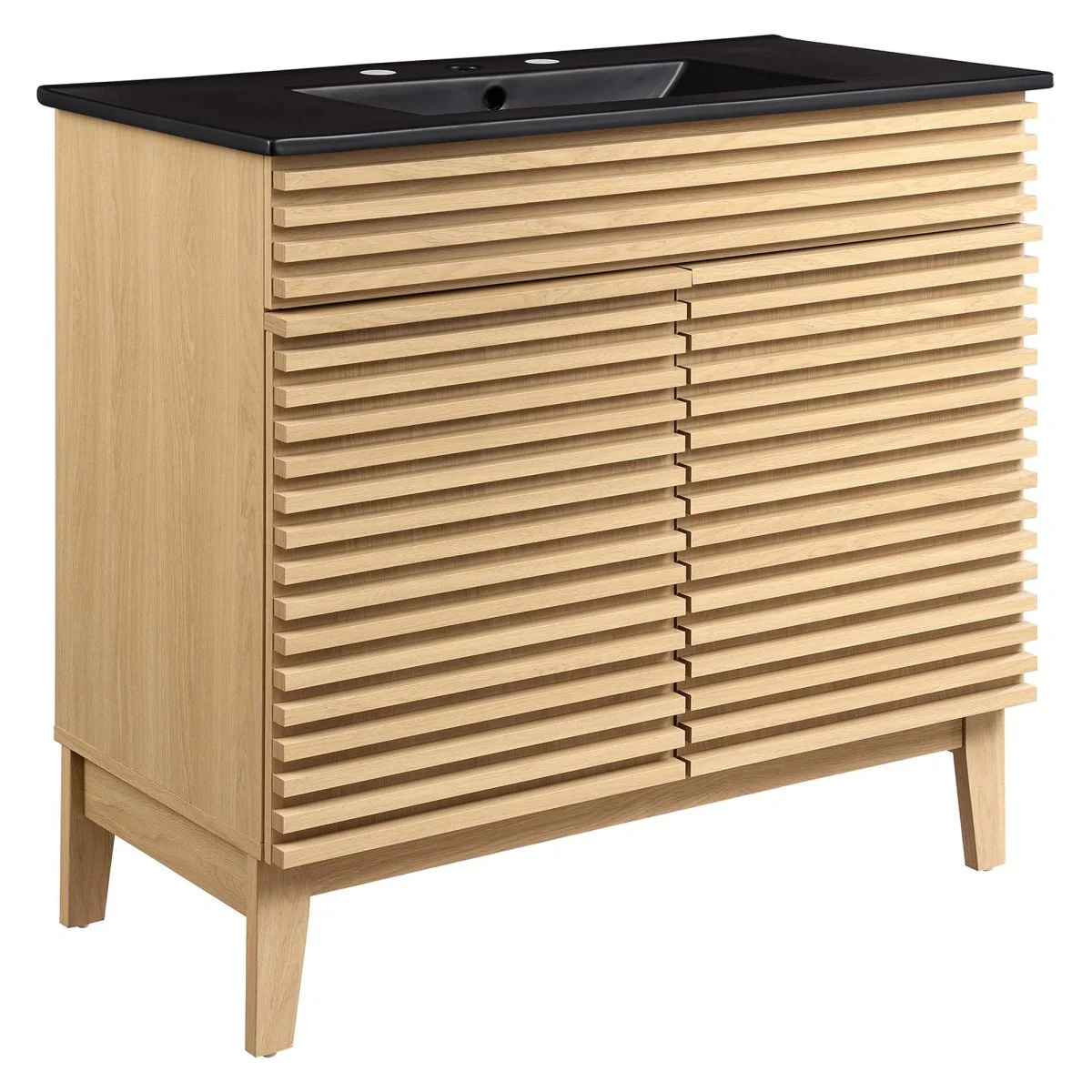 Bathroom Vanity with Ceramic Sink and Storage Shelf, Modern Wood and Black Design - Image 168