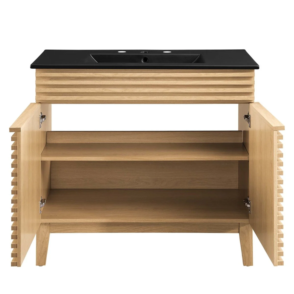 Bathroom Vanity with Ceramic Sink and Storage Shelf, Modern Wood and Black Design - Image 174
