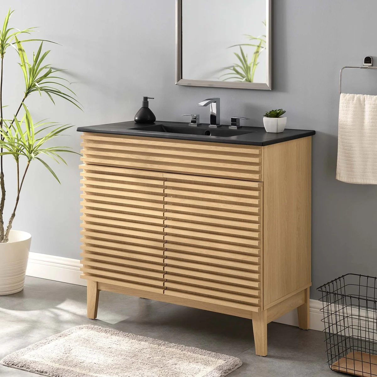 Bathroom Vanity with Ceramic Sink and Storage Shelf, Modern Wood and Black Design - Image 176