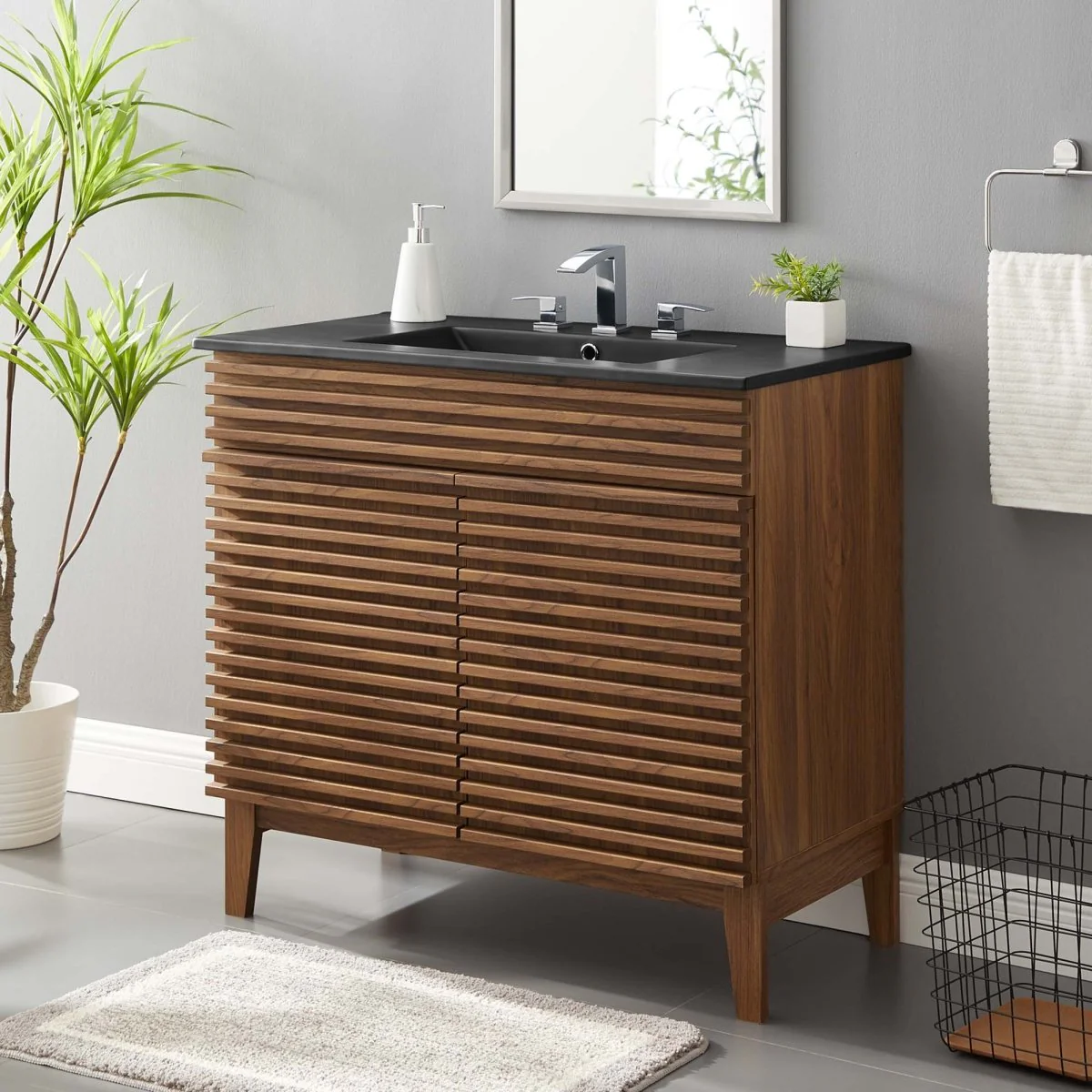 Bathroom Vanity with Ceramic Sink and Storage Shelf, Modern Wood and Black Design - Image 194