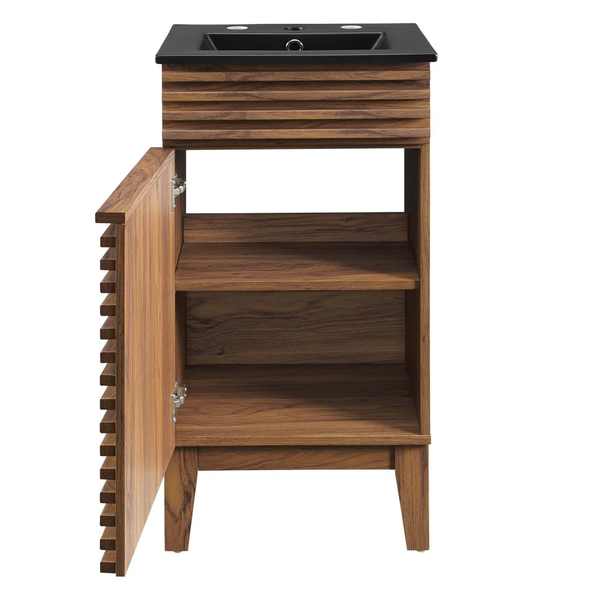 Bathroom Vanity with Ceramic Sink and Storage Shelf, Modern Wood and Black Design - Image 35