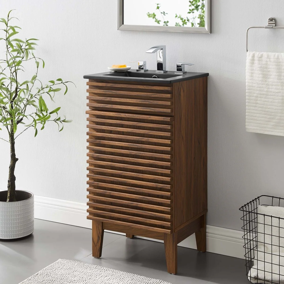 Bathroom Vanity with Ceramic Sink and Storage Shelf, Modern Wood and Black Design - Image 37