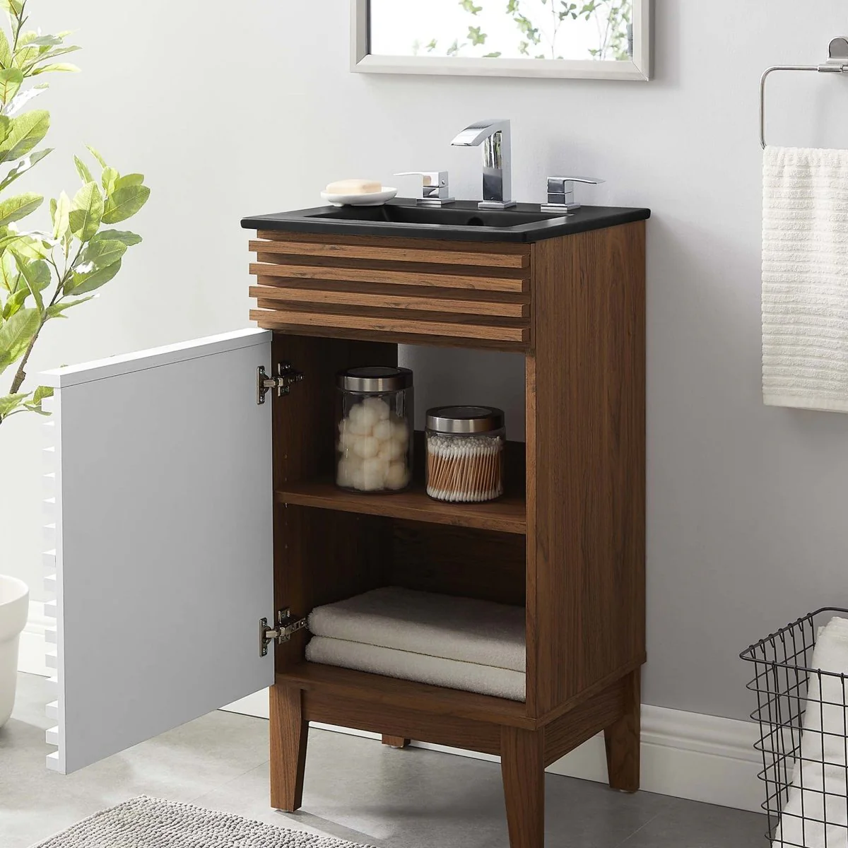Bathroom Vanity with Ceramic Sink and Storage Shelf, Modern Wood and Black Design - Image 40