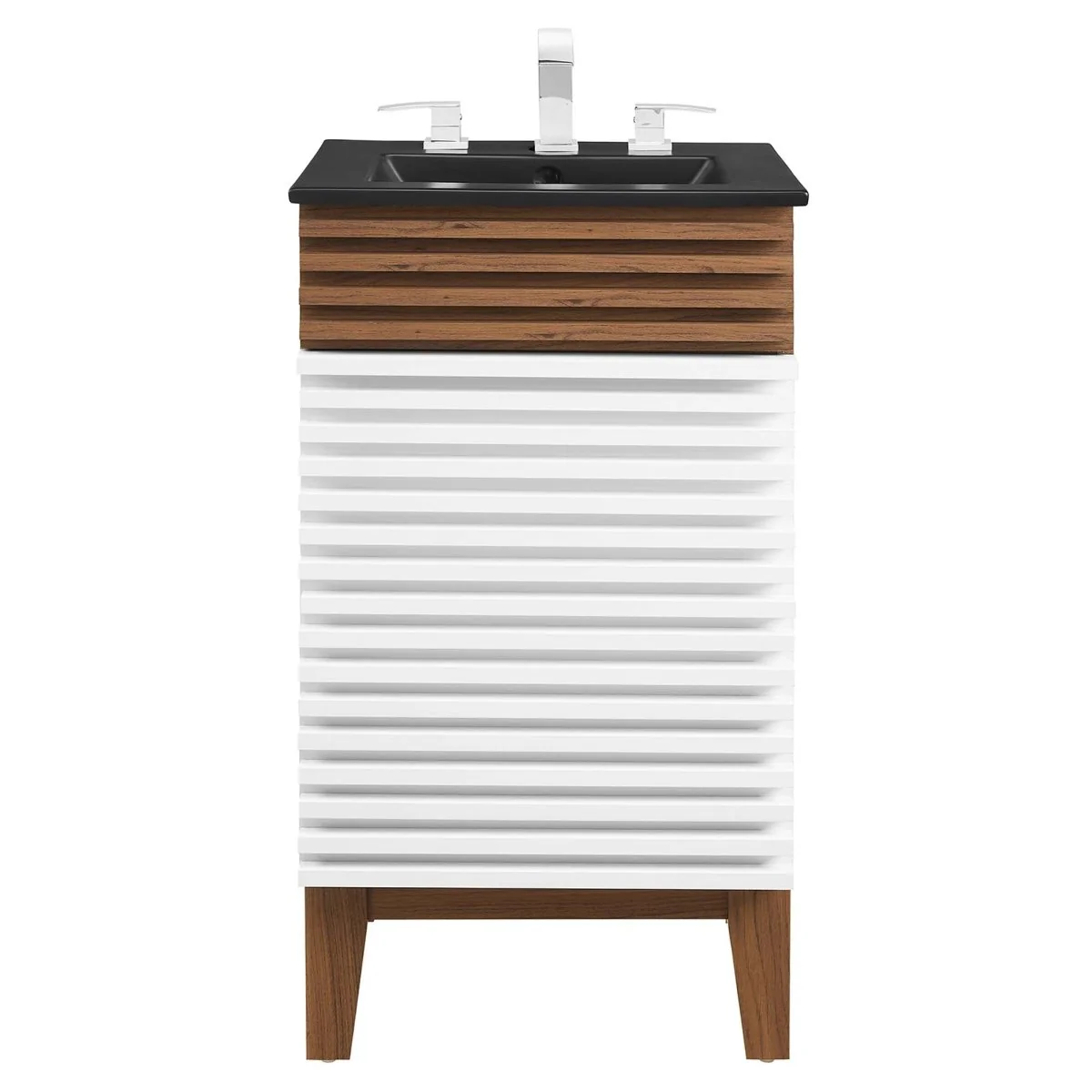 Bathroom Vanity with Ceramic Sink and Storage Shelf, Modern Wood and Black Design - Image 42