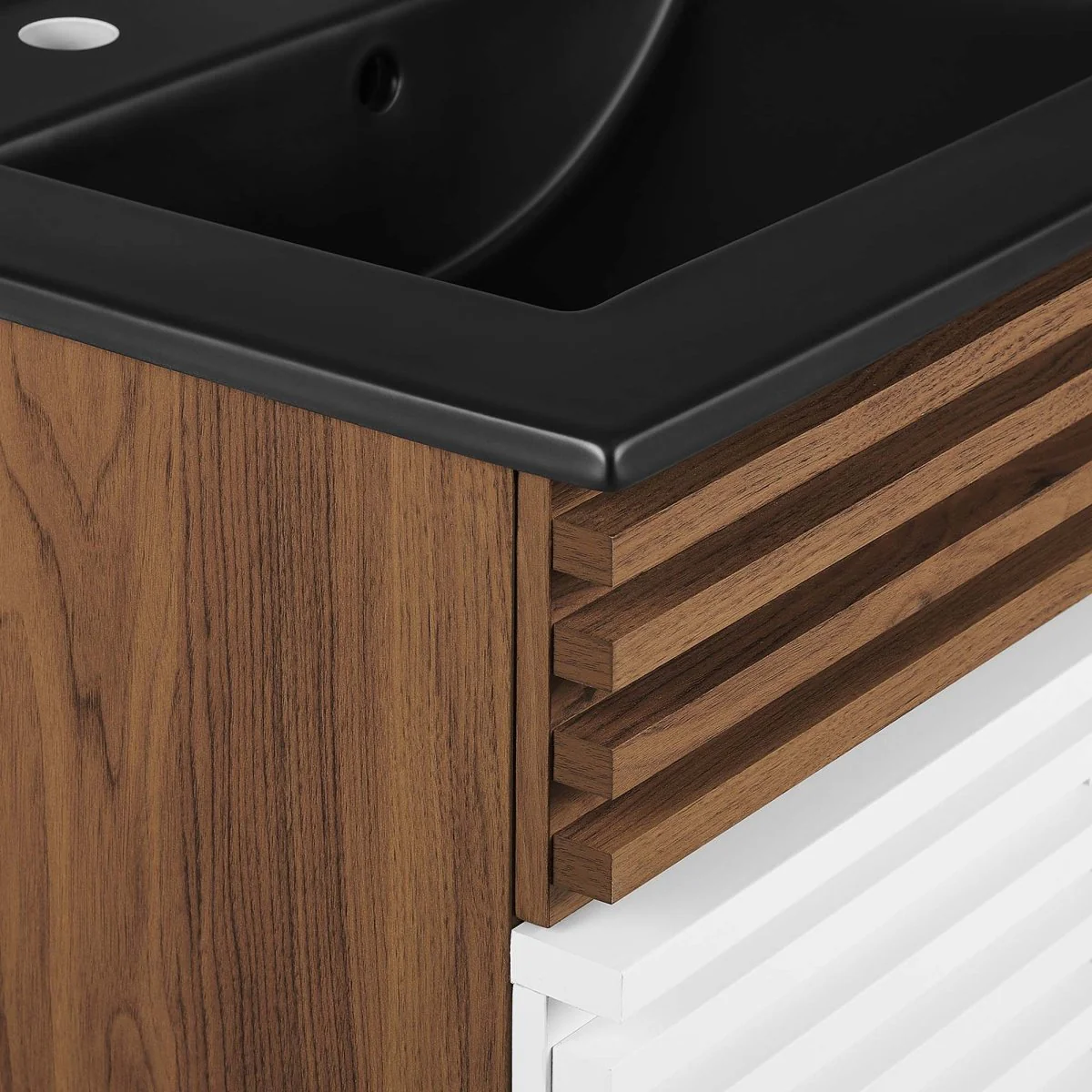 Bathroom Vanity with Ceramic Sink and Storage Shelf, Modern Wood and Black Design - Image 73