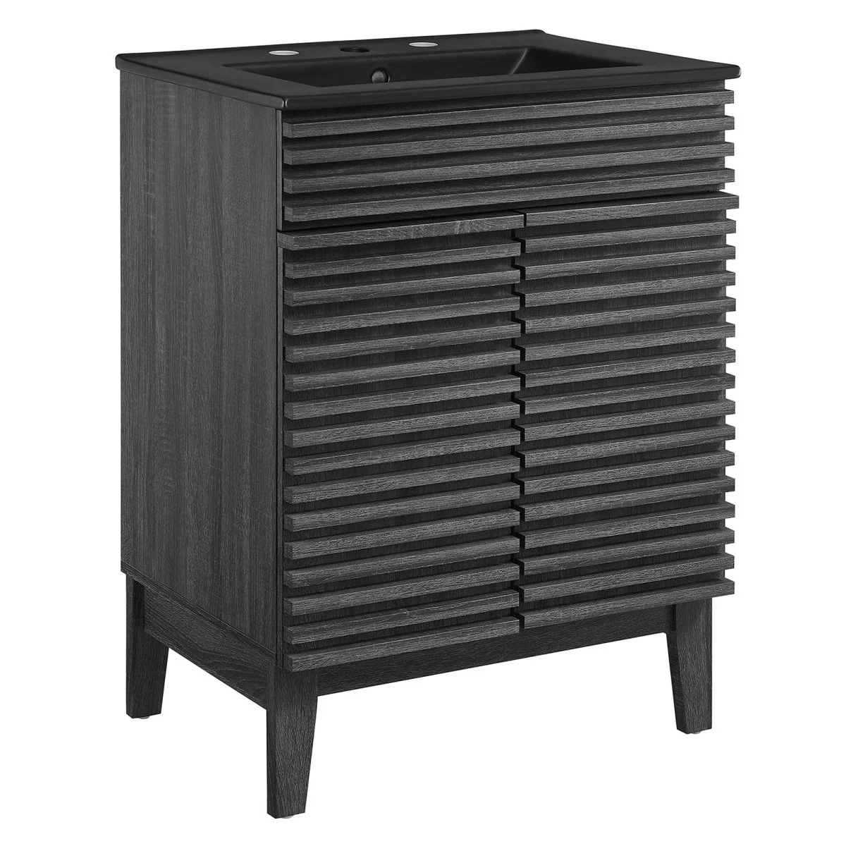 Bathroom Vanity with Ceramic Sink and Storage Shelf, Modern Wood and Black Design - Image 85