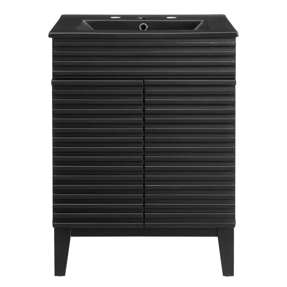 Bathroom Vanity with Ceramic Sink and Storage Shelf, Modern Wood and Black Design - Image 98