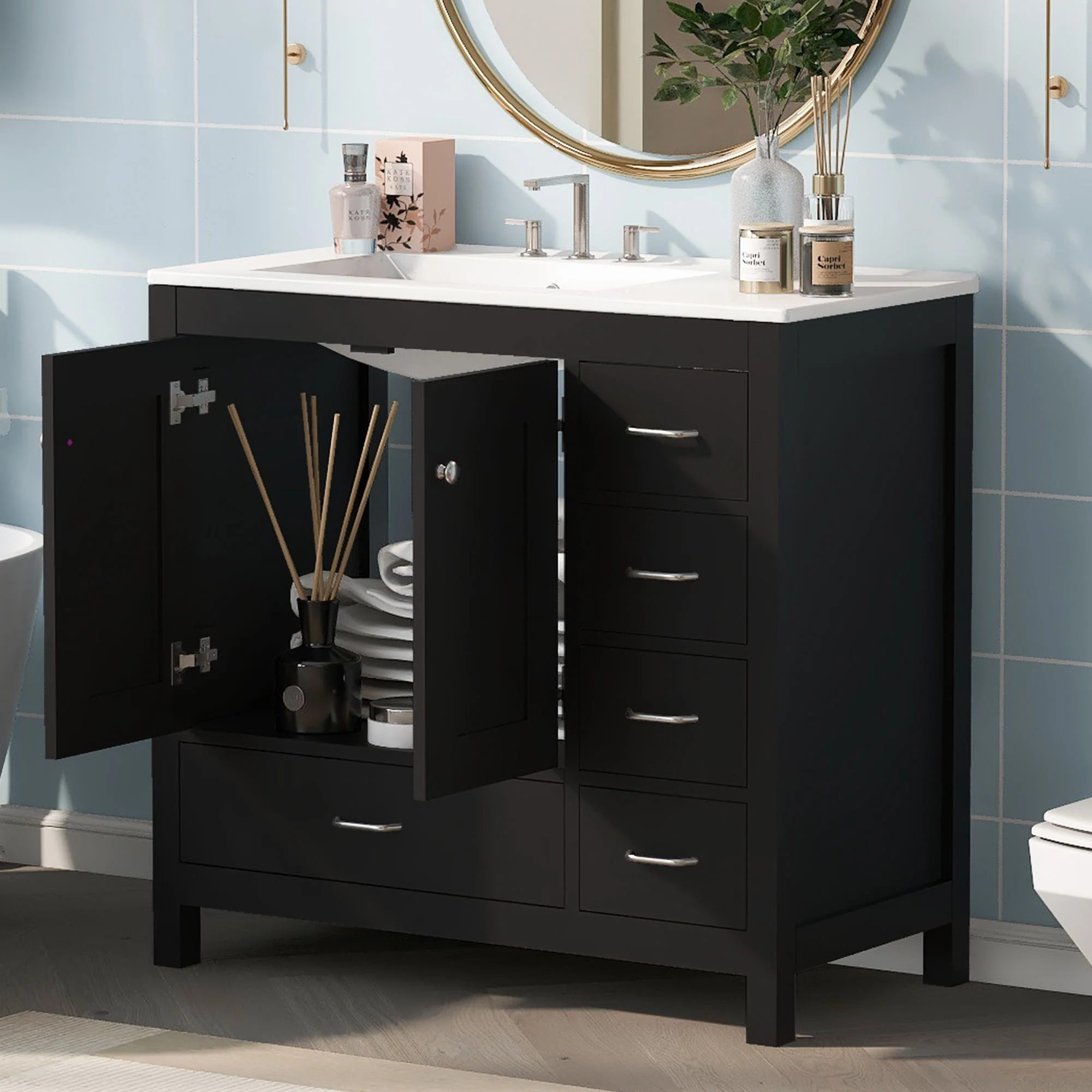 Bathroom Vanity With Ceramic Sink Combo, Abundant Storage Cabinet 2 Soft Close Doors And 5 Drawers - Image 20