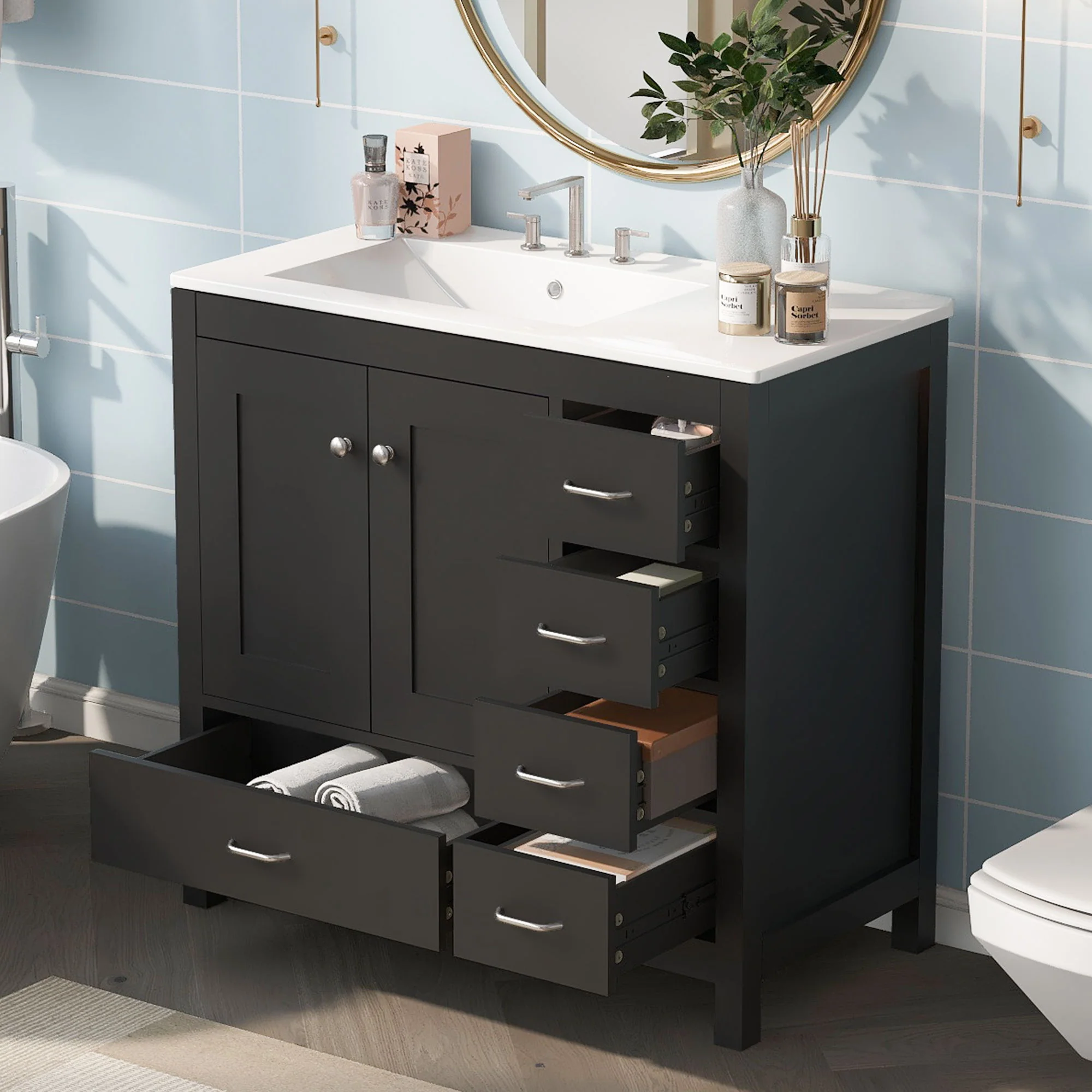 Bathroom Vanity With Ceramic Sink Combo, Abundant Storage Cabinet 2 Soft Close Doors And 5 Drawers - Image 31