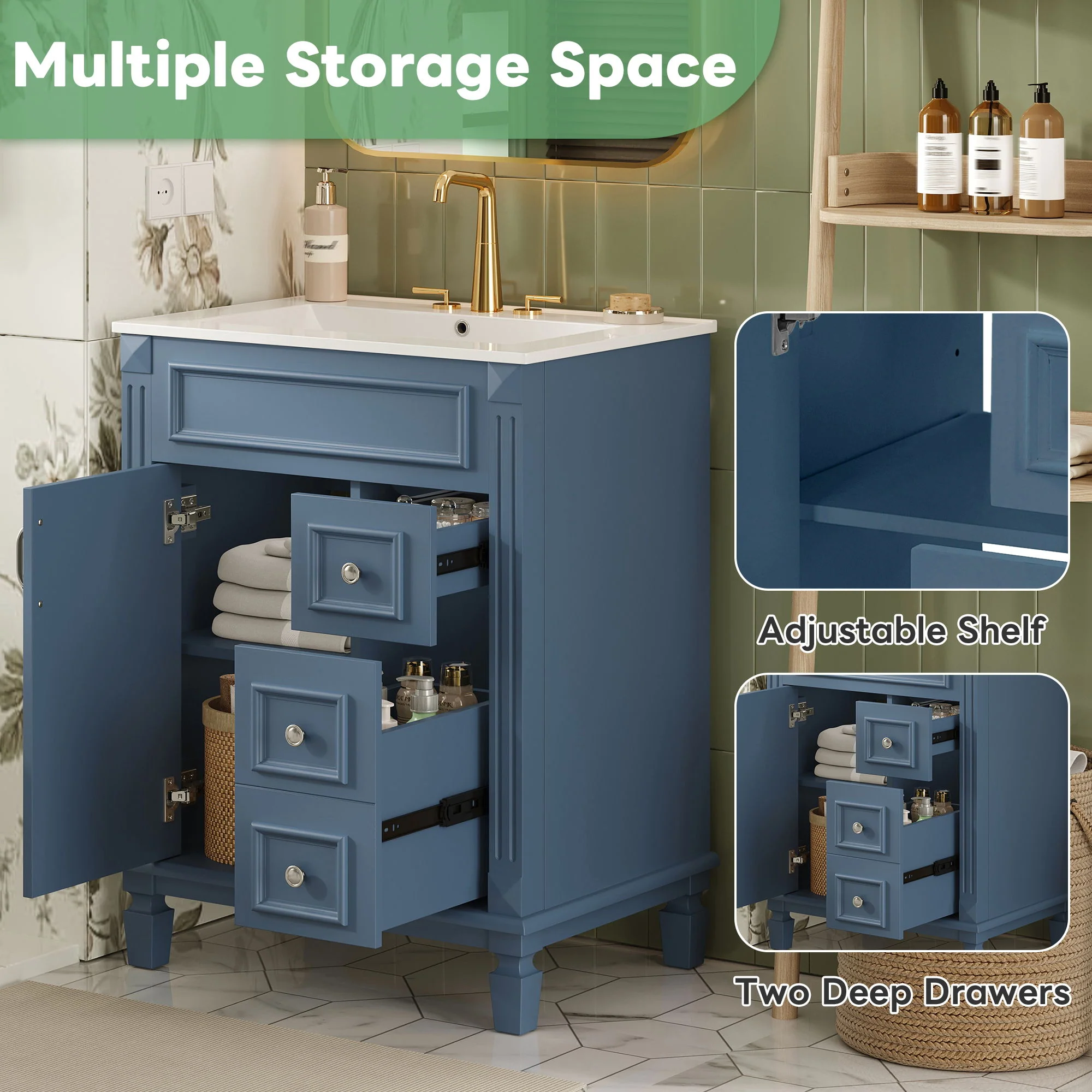 Bathroom Vanity With Ceramic Sink, Compact Cabinet With 2 Drawers And Adjustable Shelf - Blue - Image 9