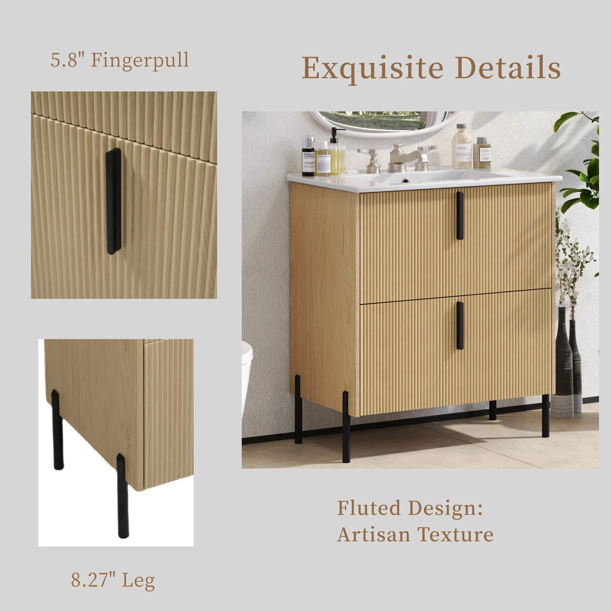 Bathroom Vanity With Ceramic Sink, Fluted Design - Image 10
