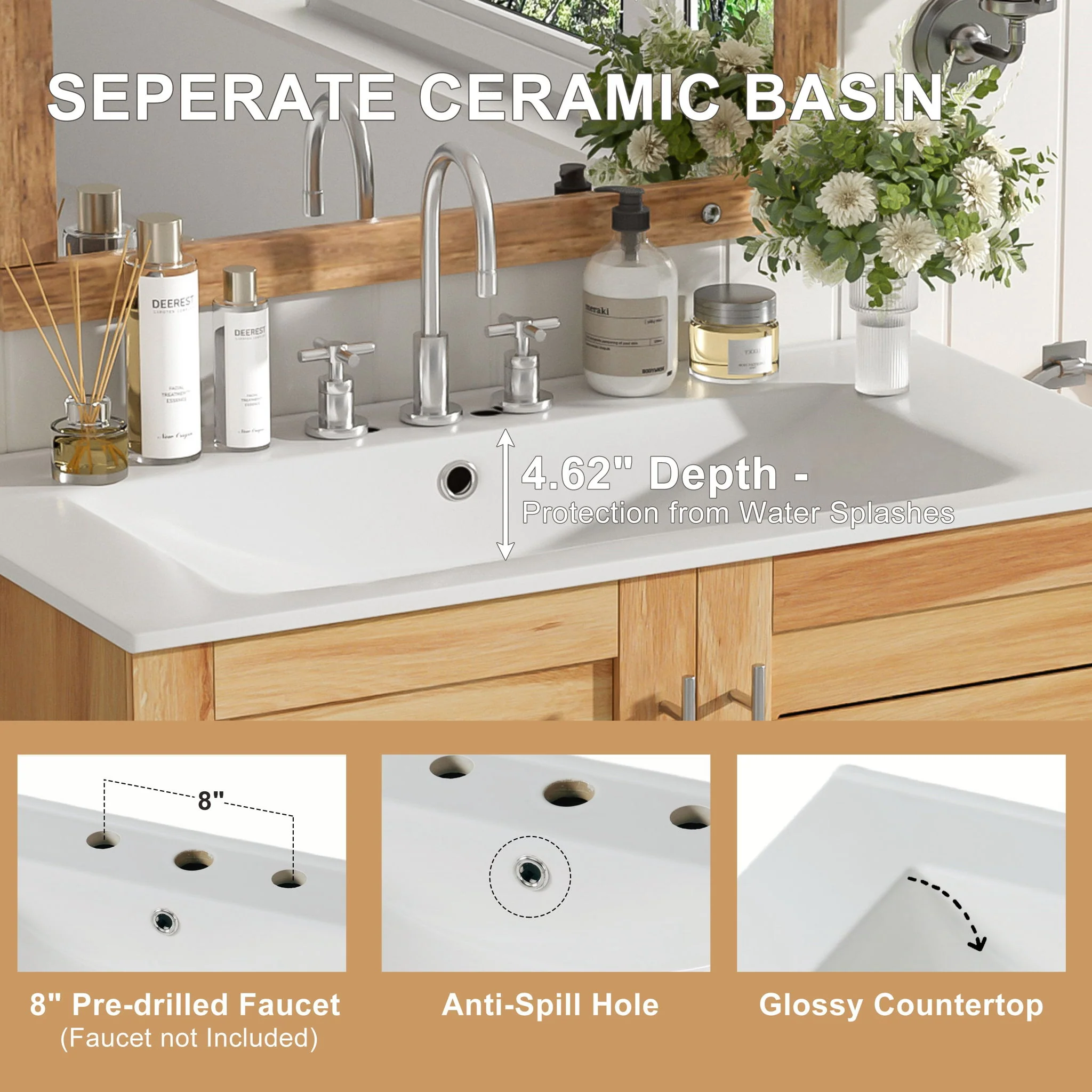 Bathroom Vanity With Ceramic Sink, Freestanding Cabinet - Antique Natural / Brown - Image 3