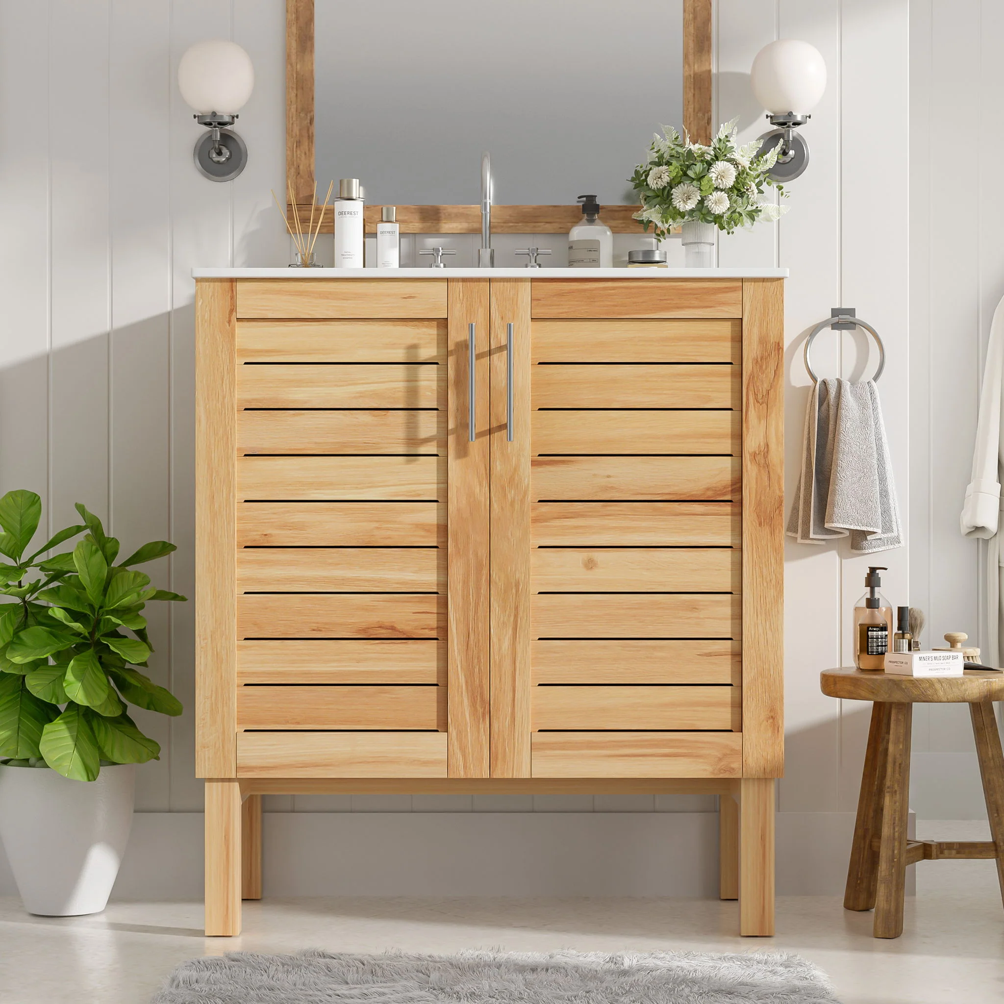 Bathroom Vanity With Ceramic Sink, Freestanding Cabinet - Antique Natural / Brown - Image 6
