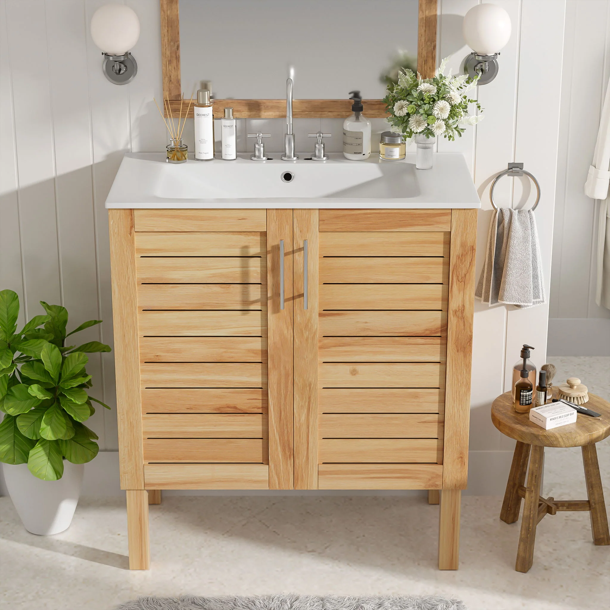 Bathroom Vanity With Ceramic Sink, Freestanding Cabinet - Antique Natural / Brown - Image 9