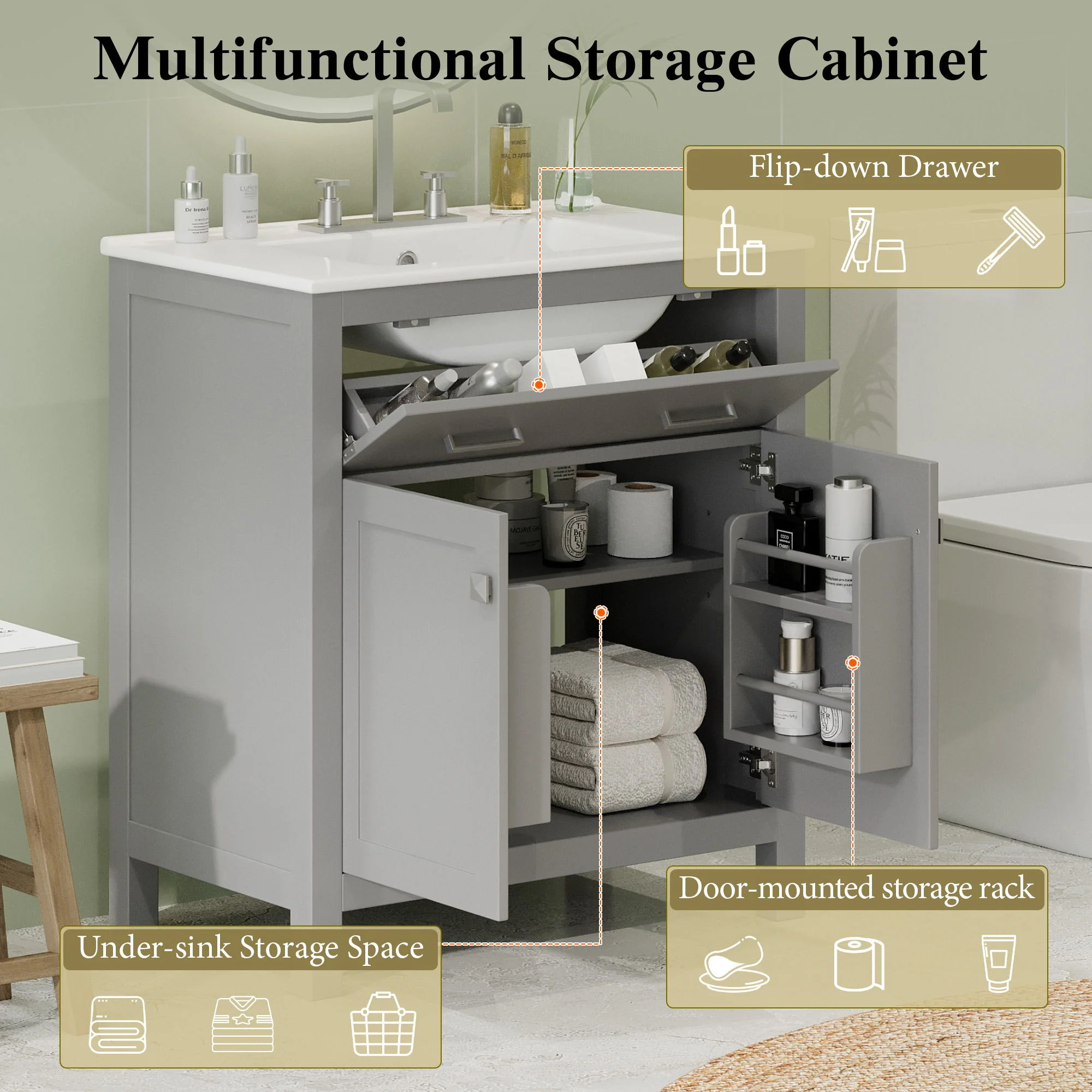 Bathroom Vanity With Ceramic Sink, Modern Single Bathroom Cabinet With 2 Doors And A Shelf, Soft Close Doors - Image 18